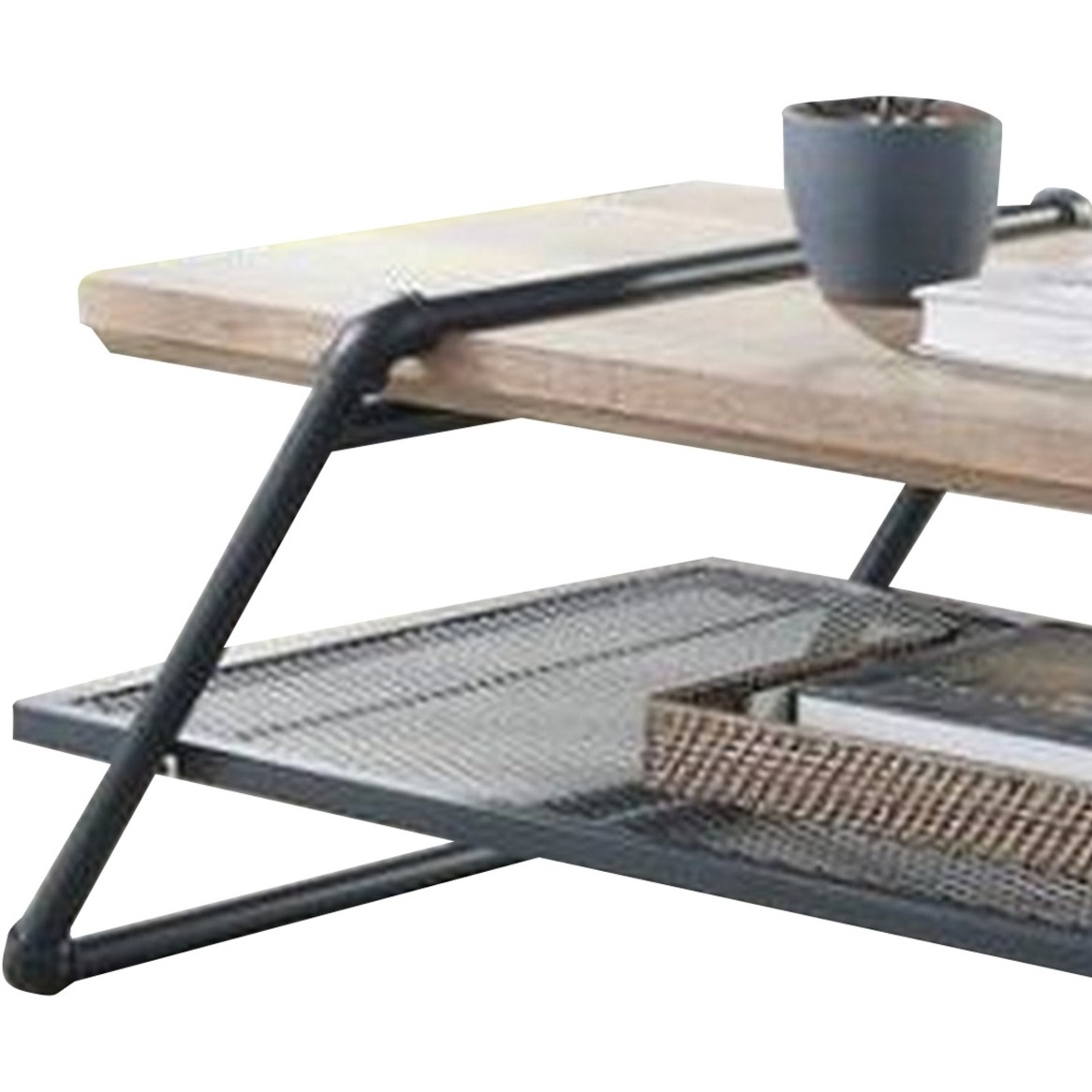 Coffee Table with Wooden Top and Mesh Shelf, Brown and Black