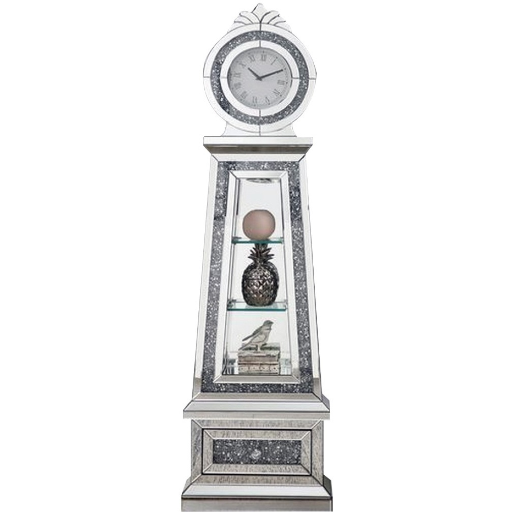 Mirrored Grandfather Clock with 3 Open Compartments, Silver