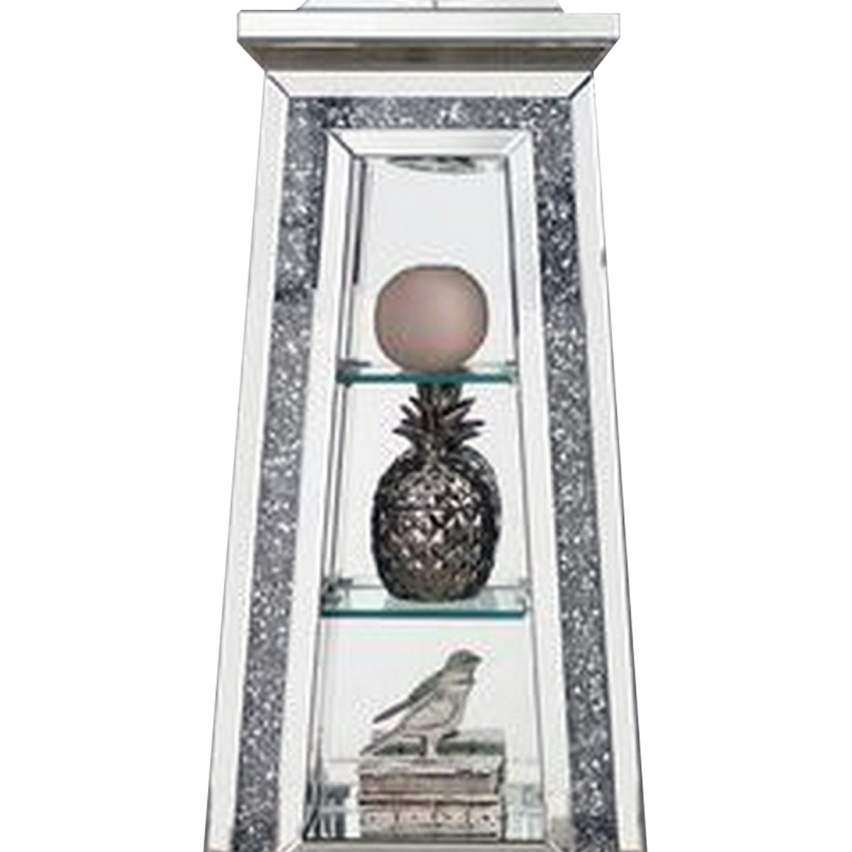 Mirrored Grandfather Clock with 3 Open Compartments, Silver
