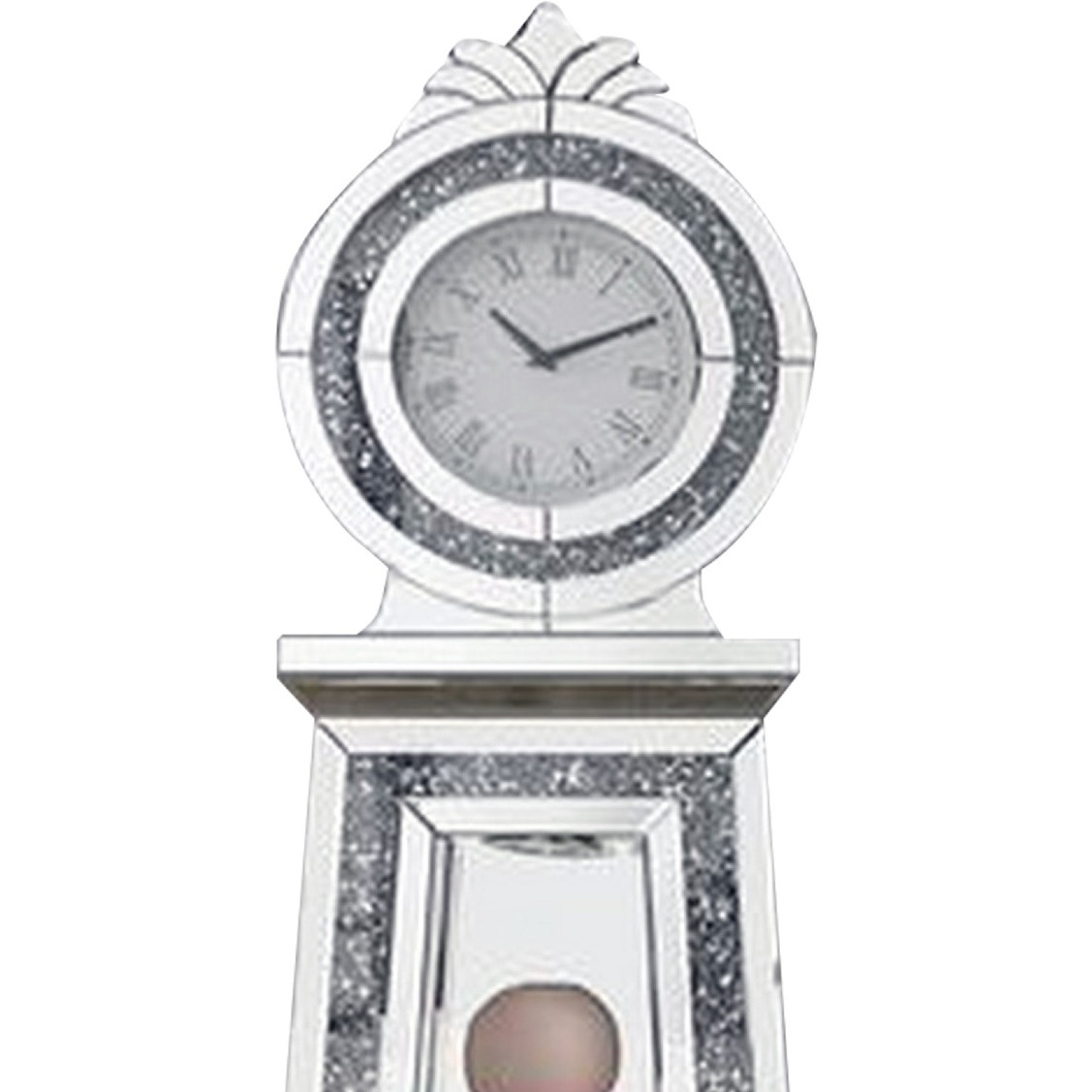 Mirrored Grandfather Clock with 3 Open Compartments, Silver
