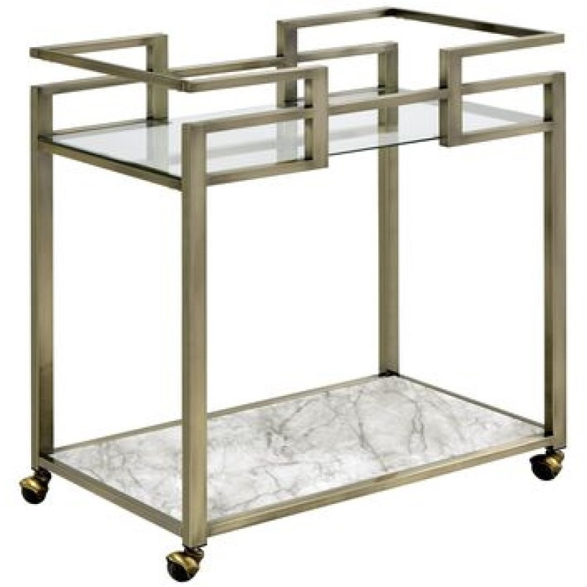 2 Tier Serving Cart with Faux Marble and Metal Frame, Silver