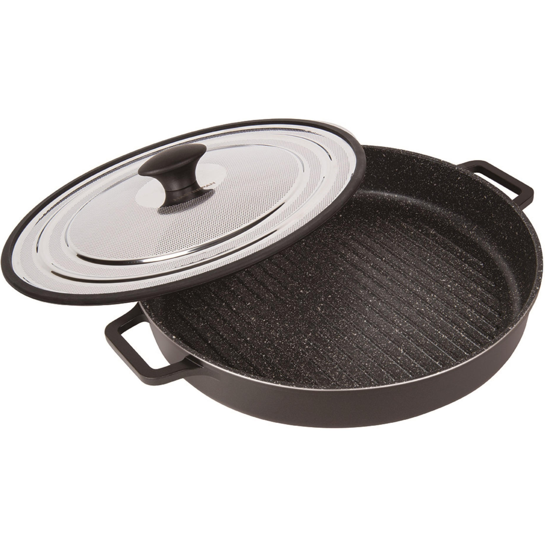 STOVETOP OVEN GRILL PAN WITH HEAT-IN STEAM-OUT LID, NON-STICK CAST ALUMINUM, 12", BLACK