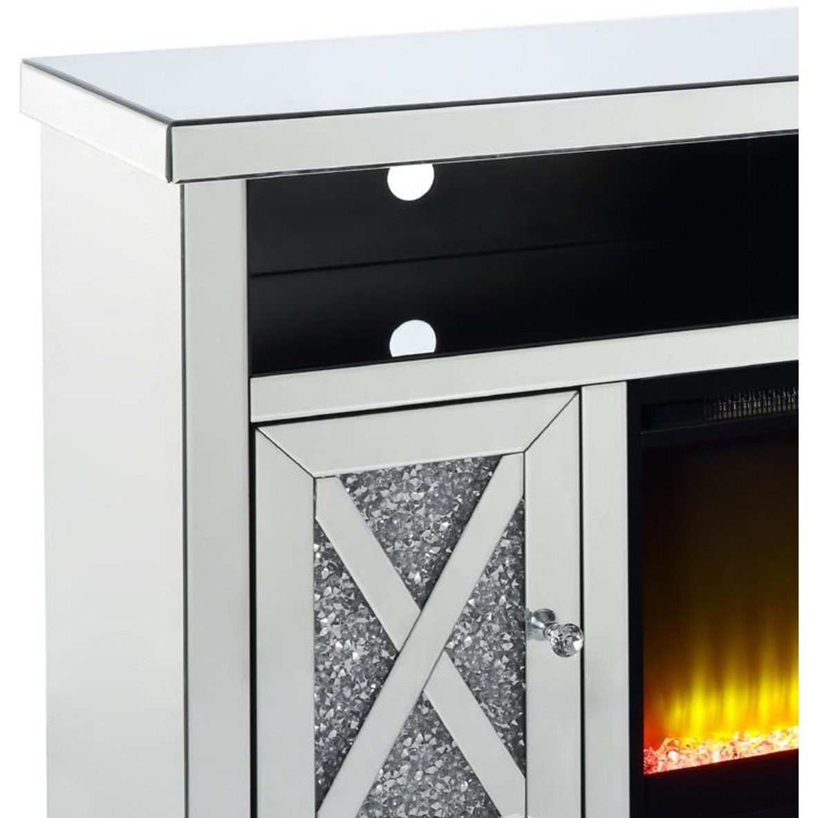 TV Stand with Electric Fireplace and Beveled Mirror Framing, Silver