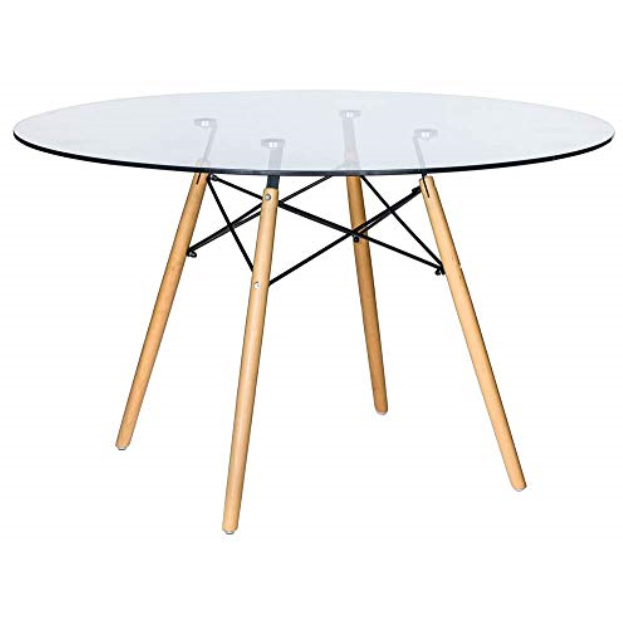 LeisureMod Dover Round Glass Top Dining Table W/ Natural Wood Eiffel Base
