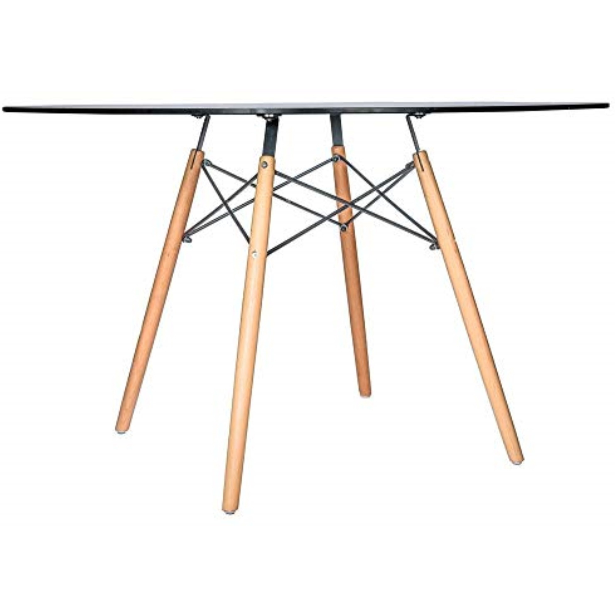 LeisureMod Dover Round Glass Top Dining Table W/ Natural Wood Eiffel Base