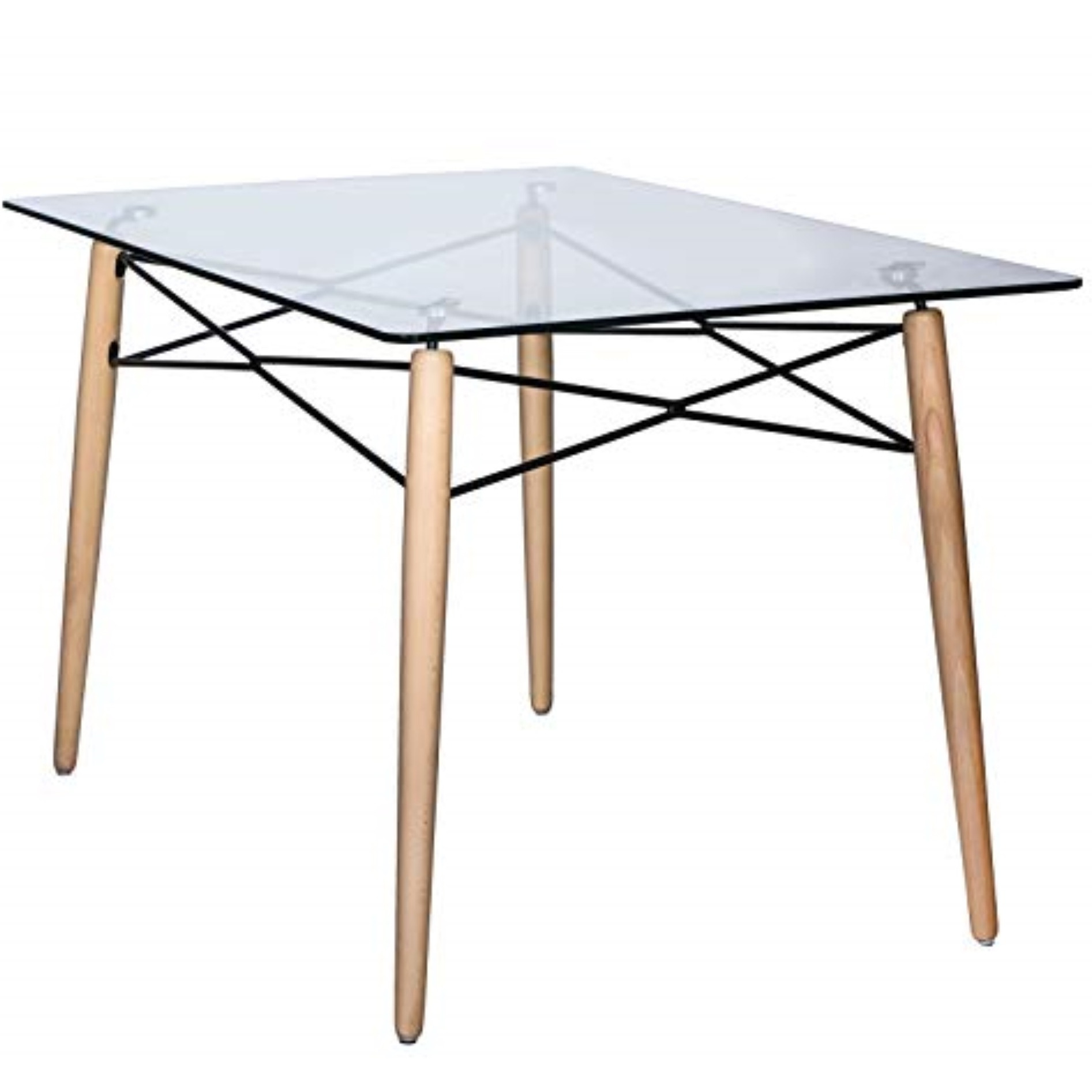 LeisureMod Dover 4Ft Rectangle Glass Top Dining Table W/ Natural Wood Eiffel Base