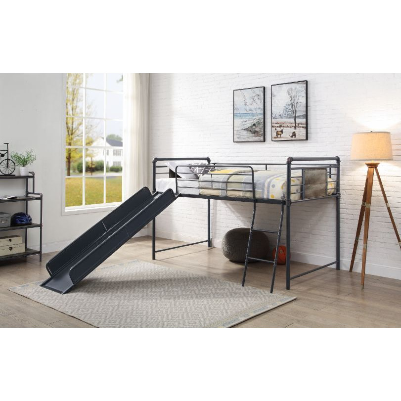 38315 Twin Loft Bed w/Slide - Headboard, Footboard, Guardrail, Slat, Slide, Ladder - Antique Oak, Sandy Black & Dark Bronze Hand-Brushed Finish