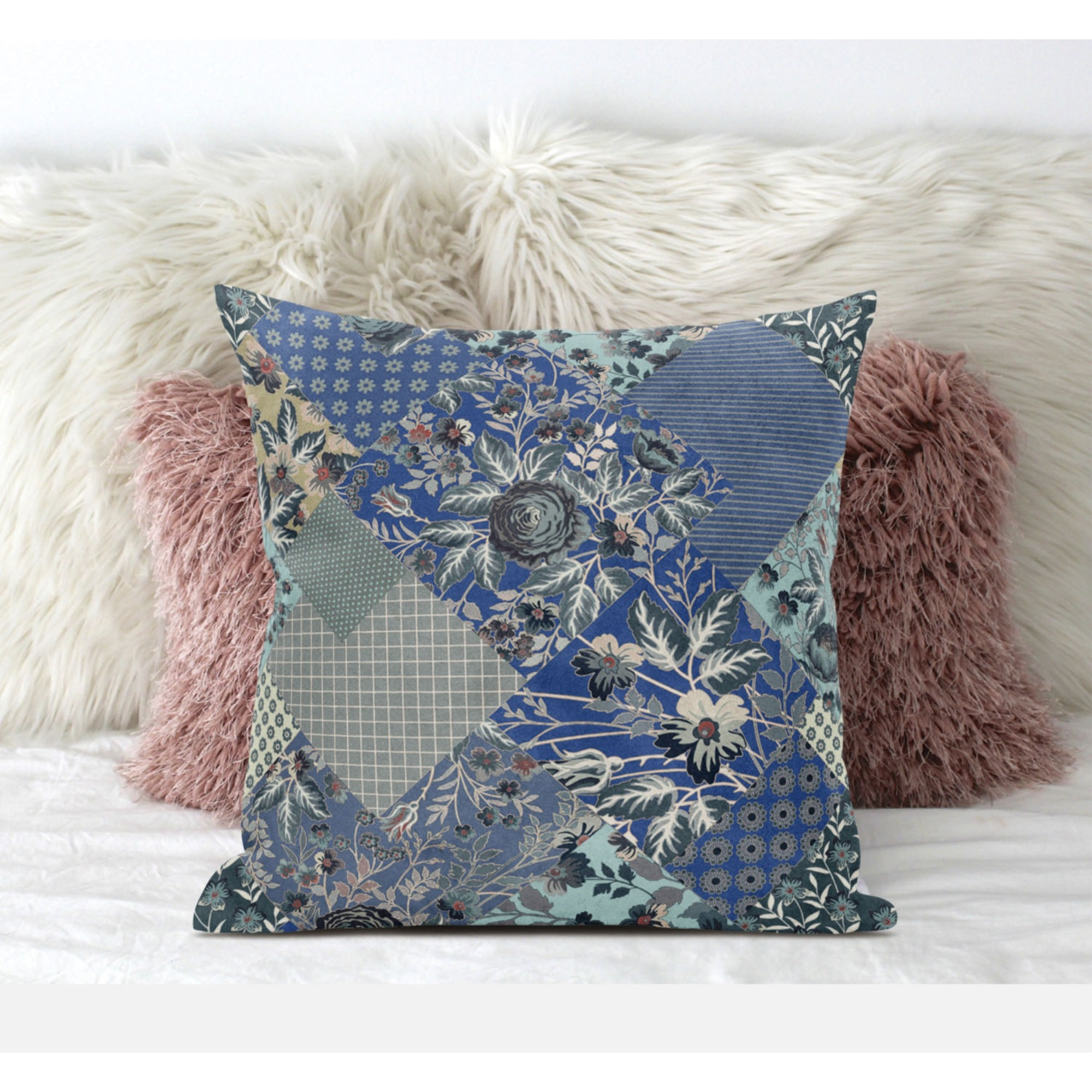 Arizona Floral Patches Suede Blown and Closed Pillow by Amrita Sen in Grey Pink