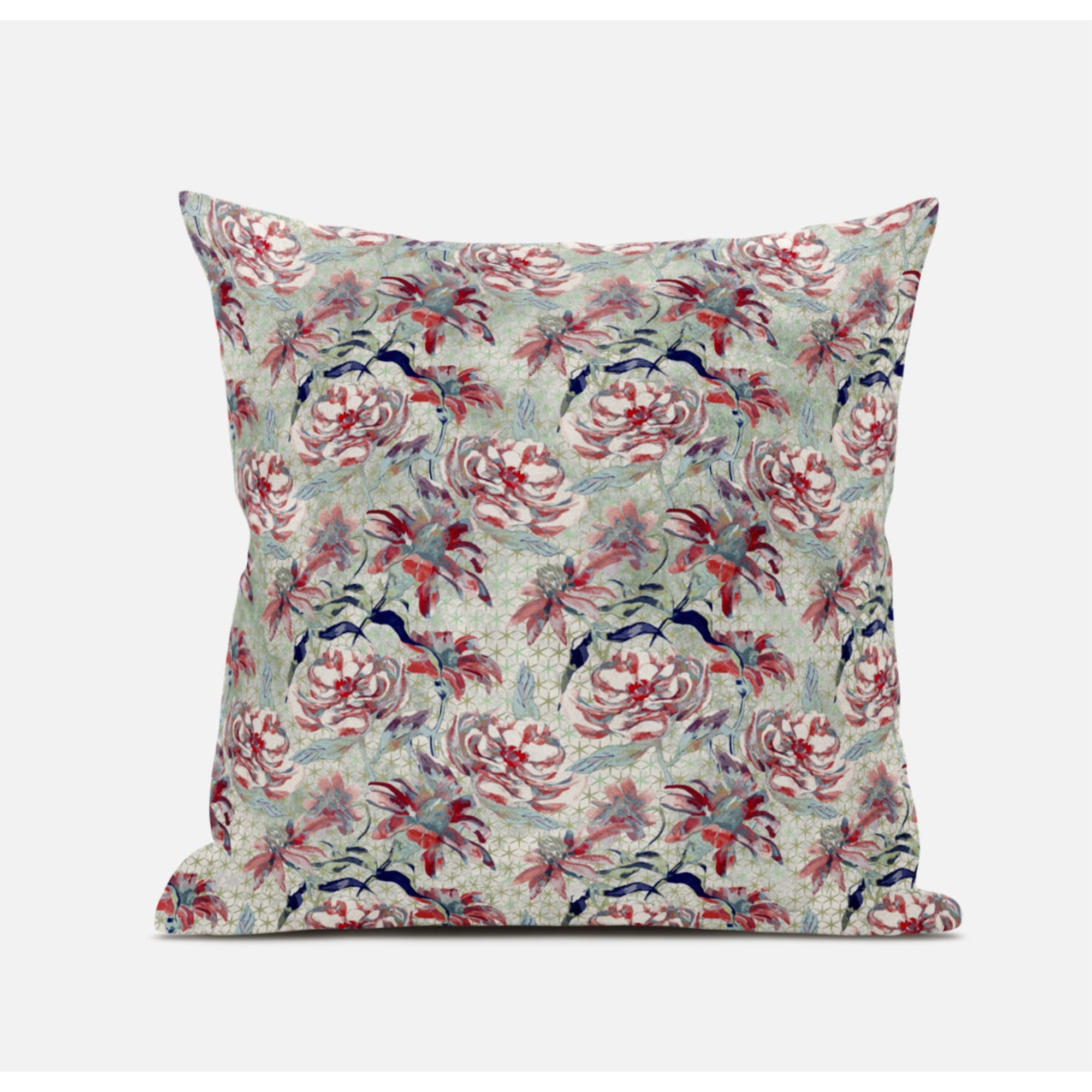 Roses Sprayed Stars Suede Blown and Closed Pillow by Amrita Sen in Red Aqua