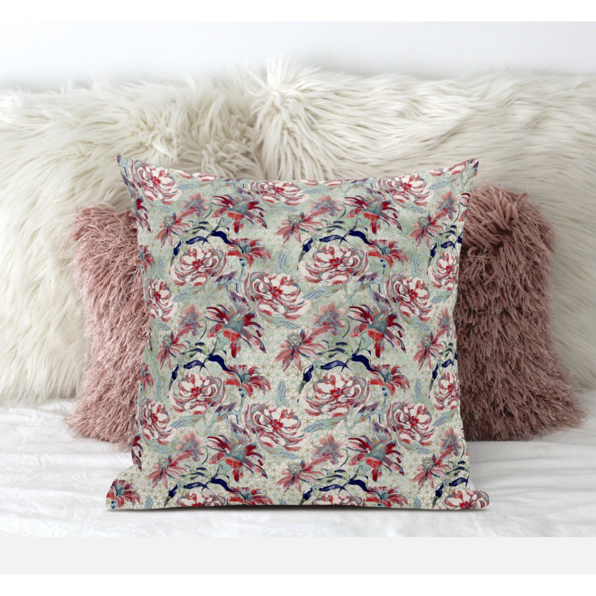 Roses Sprayed Stars Suede Blown and Closed Pillow by Amrita Sen in Red Aqua