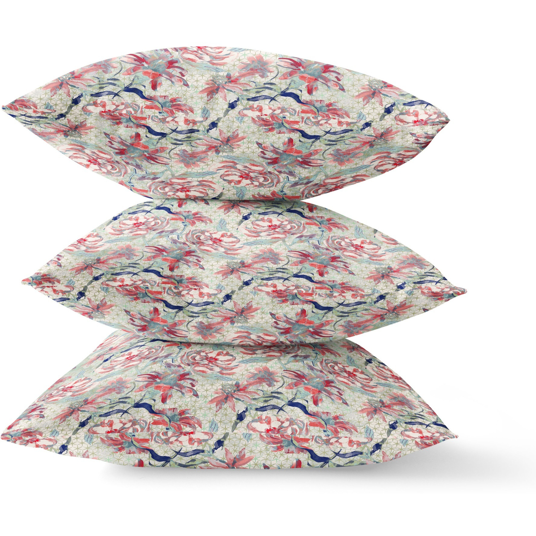 Roses Sprayed Stars Suede Blown and Closed Pillow by Amrita Sen in Red Aqua