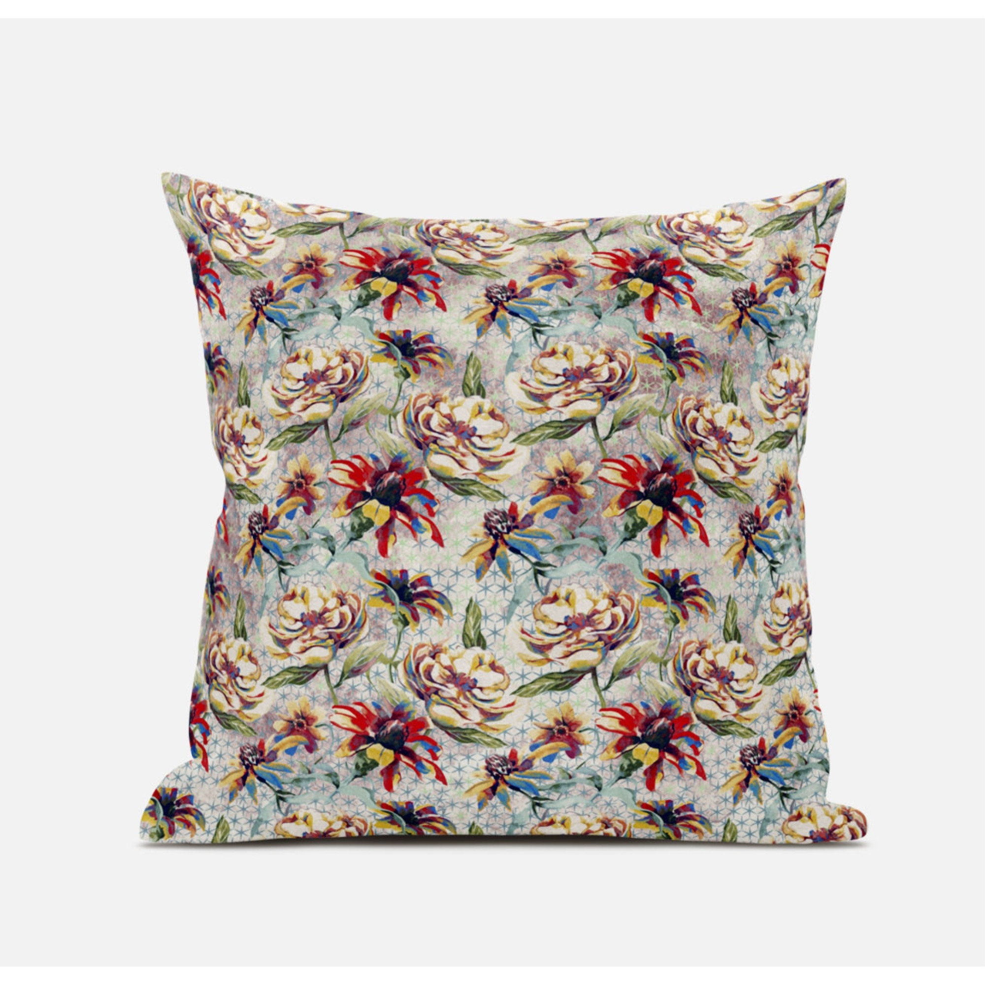 Roses Sprayed Stars Suede Blown and Closed Pillow by Amrita Sen in Blue Yellow