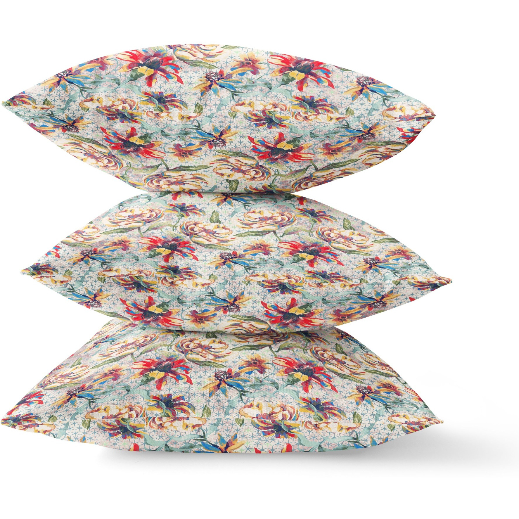 Roses Sprayed Stars Suede Blown and Closed Pillow by Amrita Sen in Blue Yellow