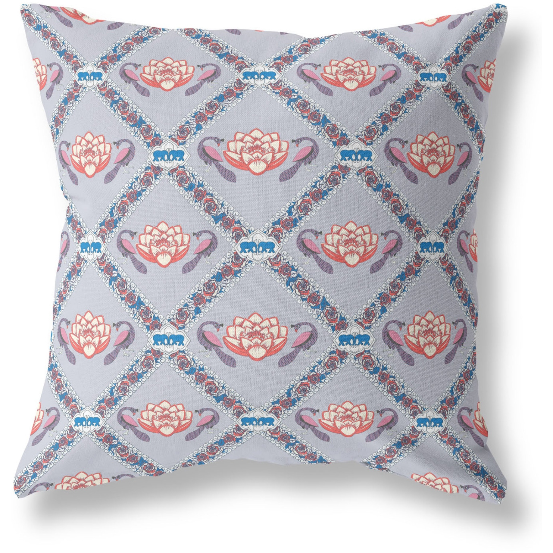Lotus Peacock Rose Broadcloth Indoor Outdoor Zippered Pillow Gray Red Blue