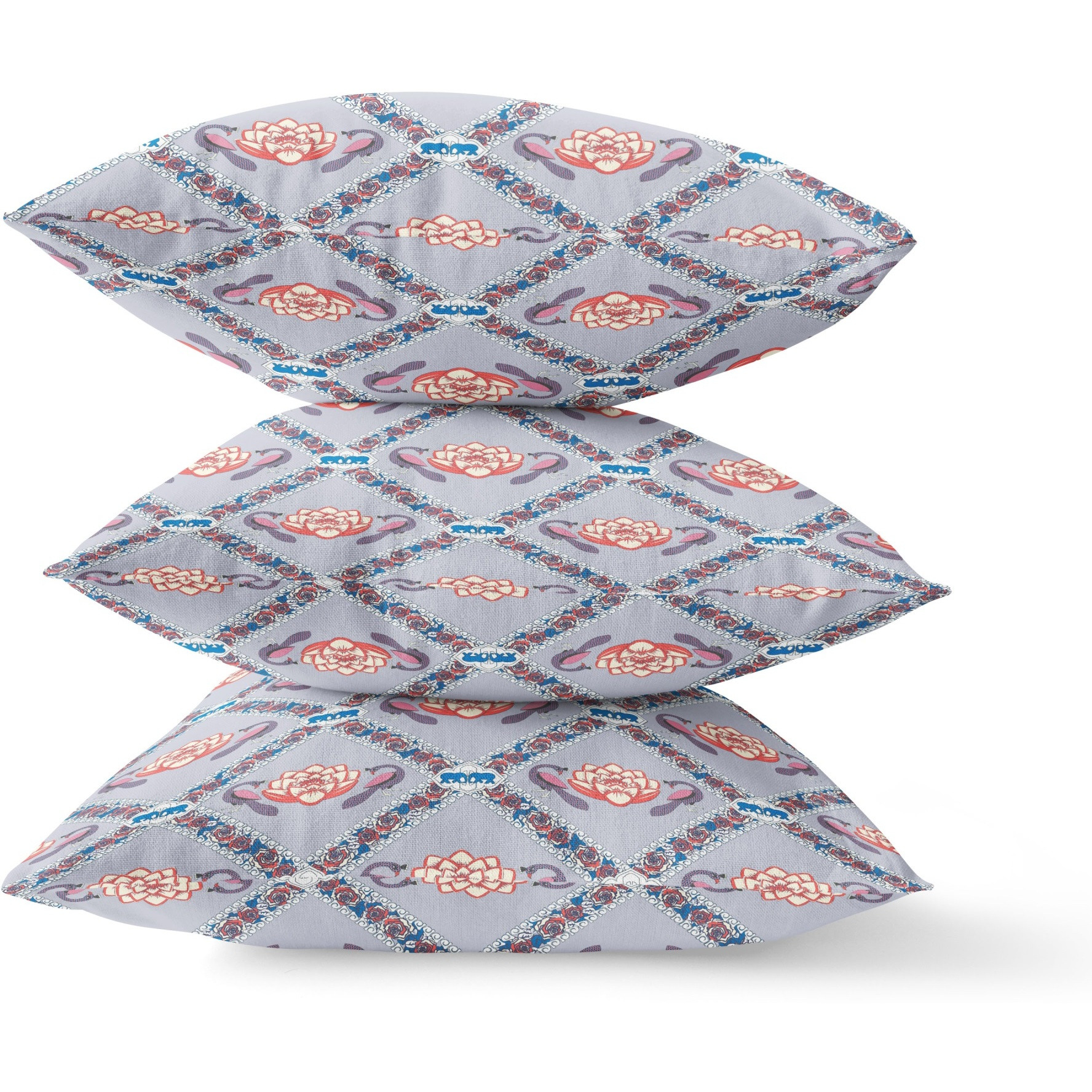 Lotus Peacock Rose Broadcloth Indoor Outdoor Zippered Pillow Gray Red Blue