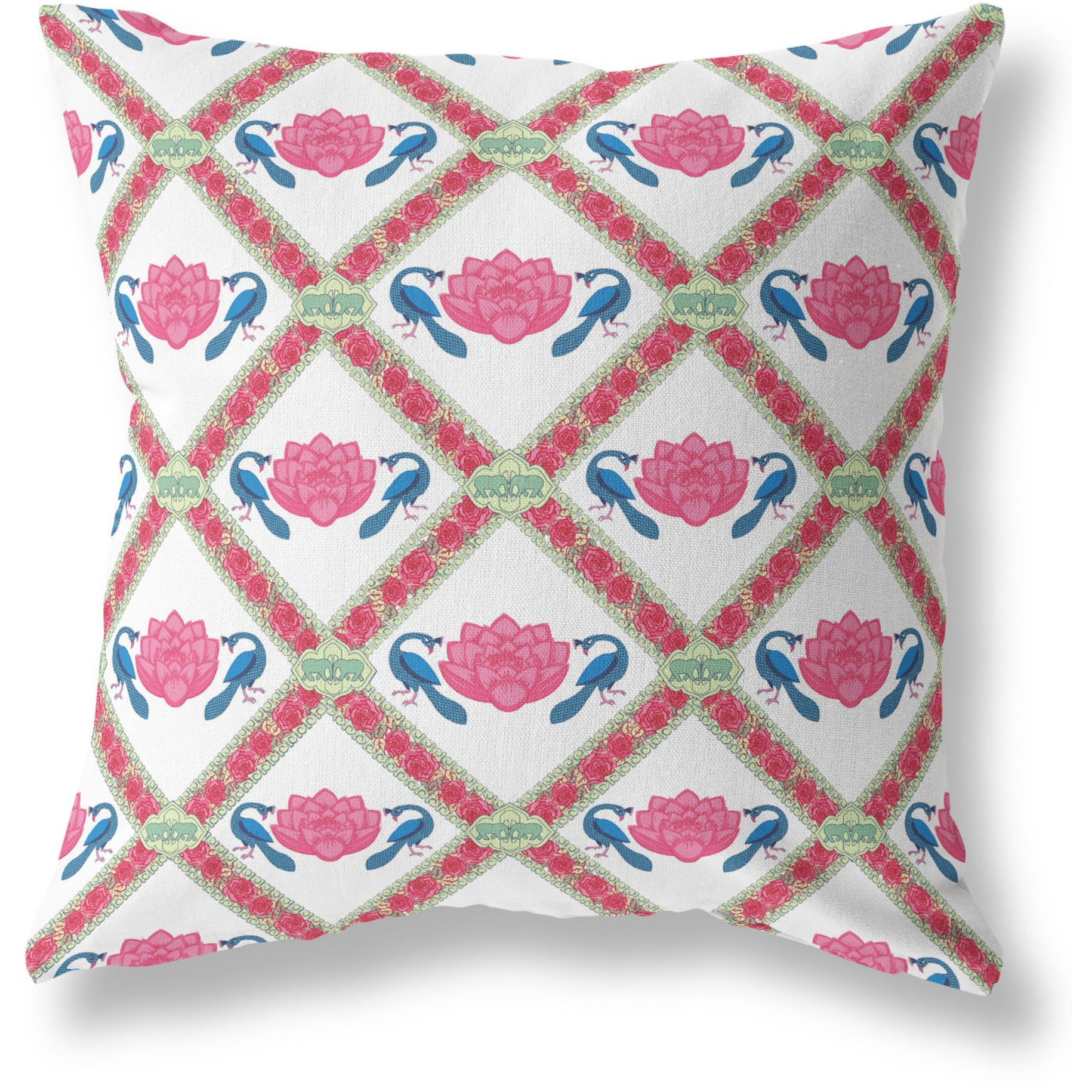 Lotus Peacock Rose Broadcloth Indoor Outdoor Zippered Pillow Pink Blue White