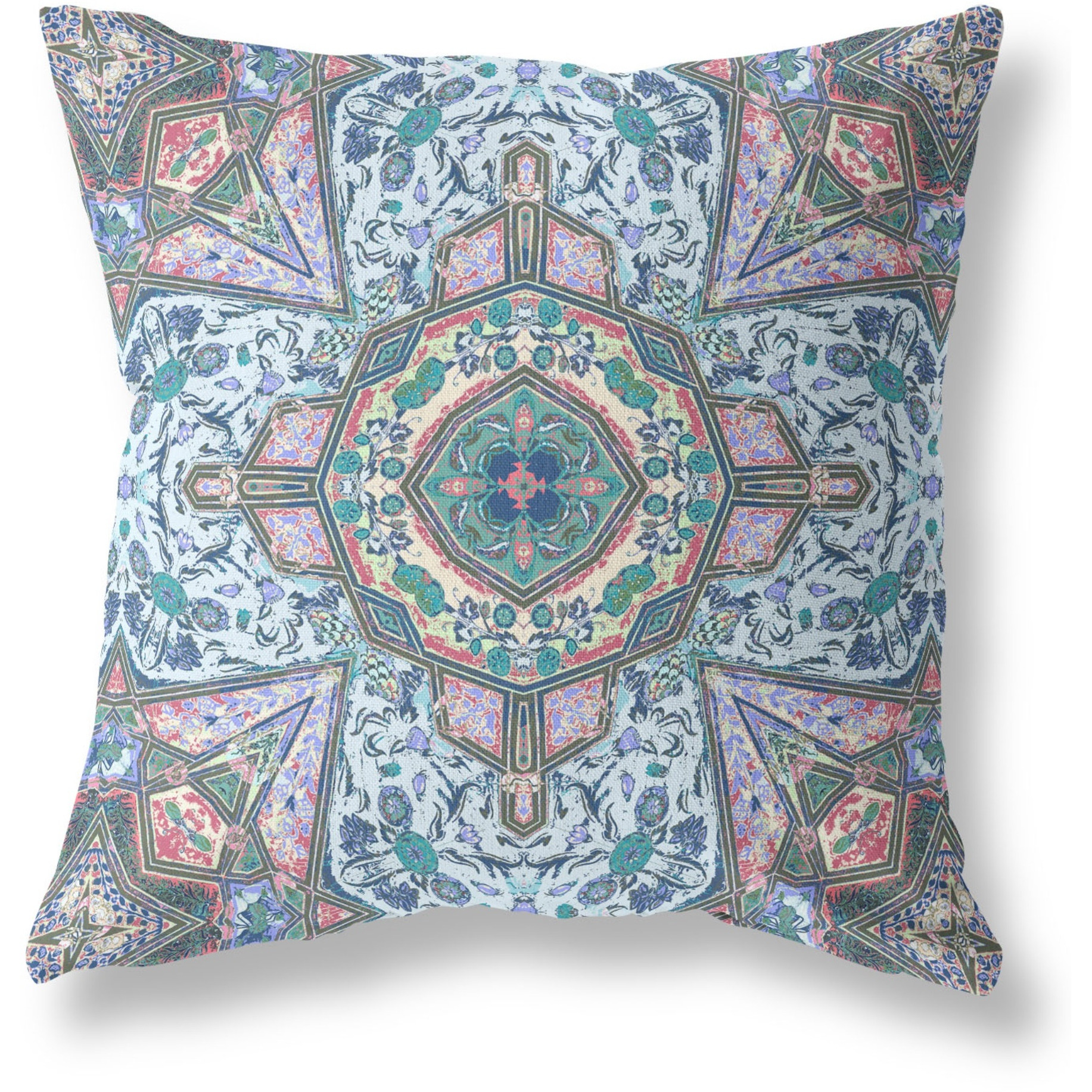 Buddha Flower Ceremony Broadcloth Indoor Outdoor Blown and Closed Pillow Blue Muted Pink
