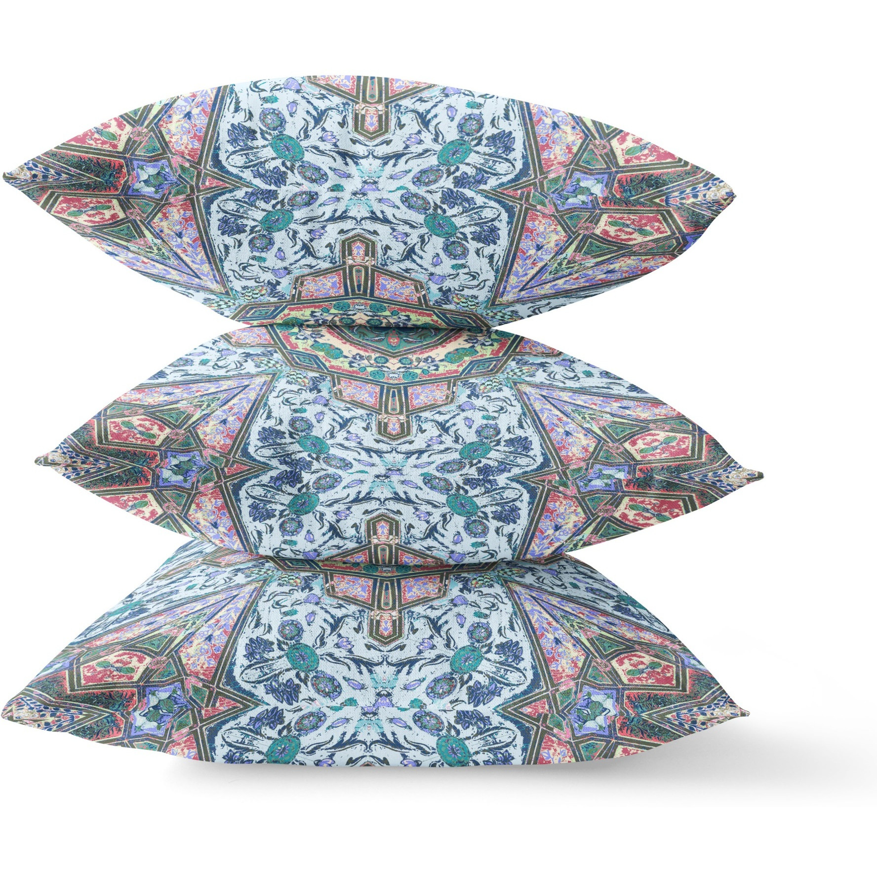 Buddha Flower Ceremony Broadcloth Indoor Outdoor Blown and Closed Pillow Blue Muted Pink