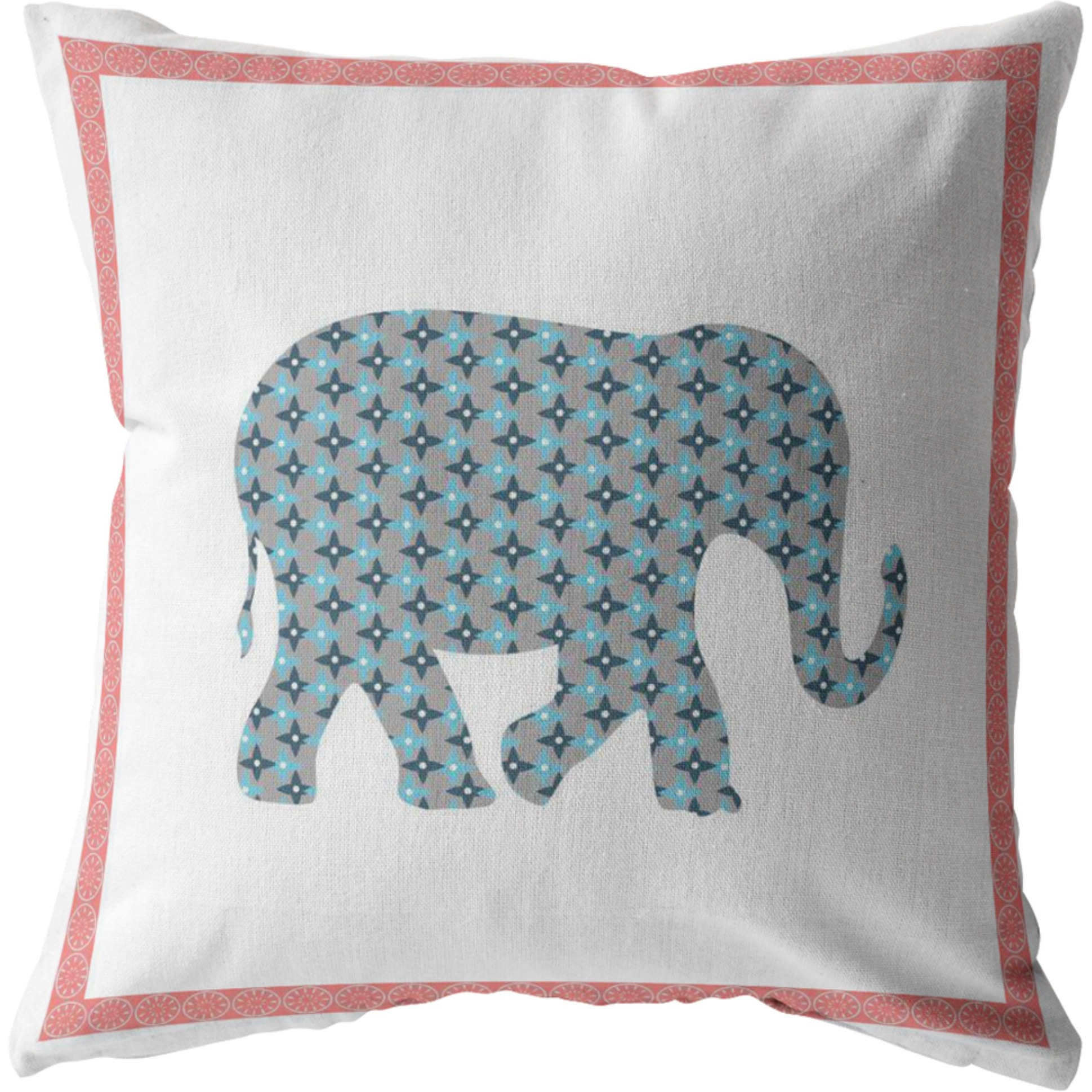 Light Elephant Broadcloth Indoor Outdoor Blown and Closed Pillow Blue and Pink on White