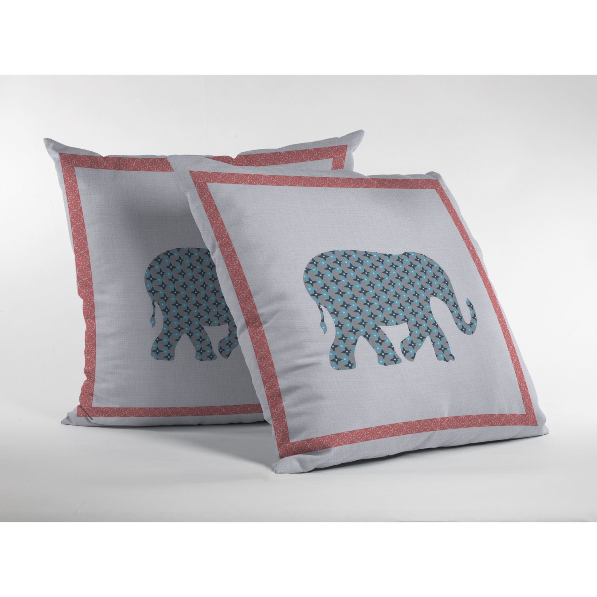 Light Elephant Broadcloth Indoor Outdoor Blown and Closed Pillow Blue and Pink on White