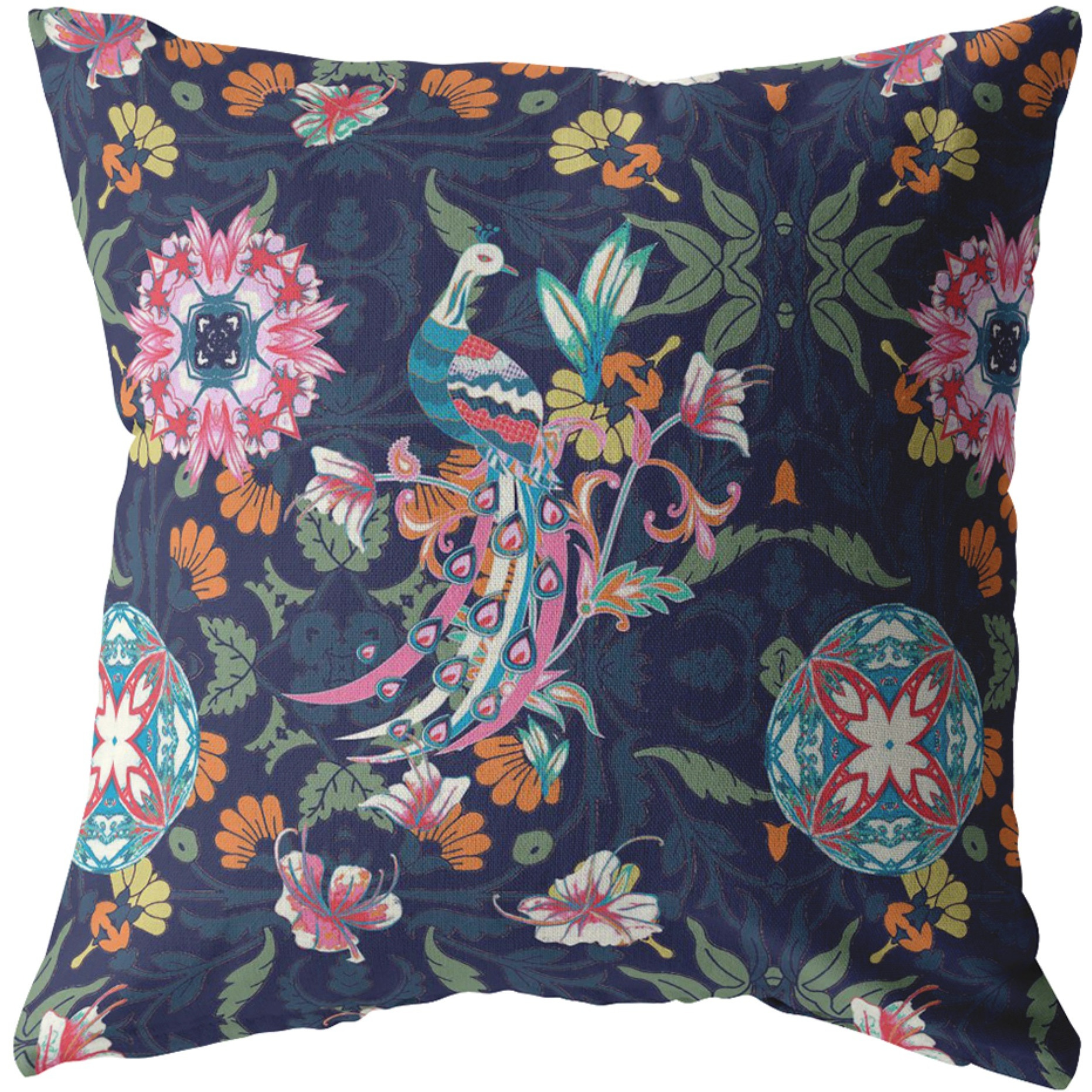 Spring Peacock Broadcloth Indoor Outdoor Zippered Pillow Indigo