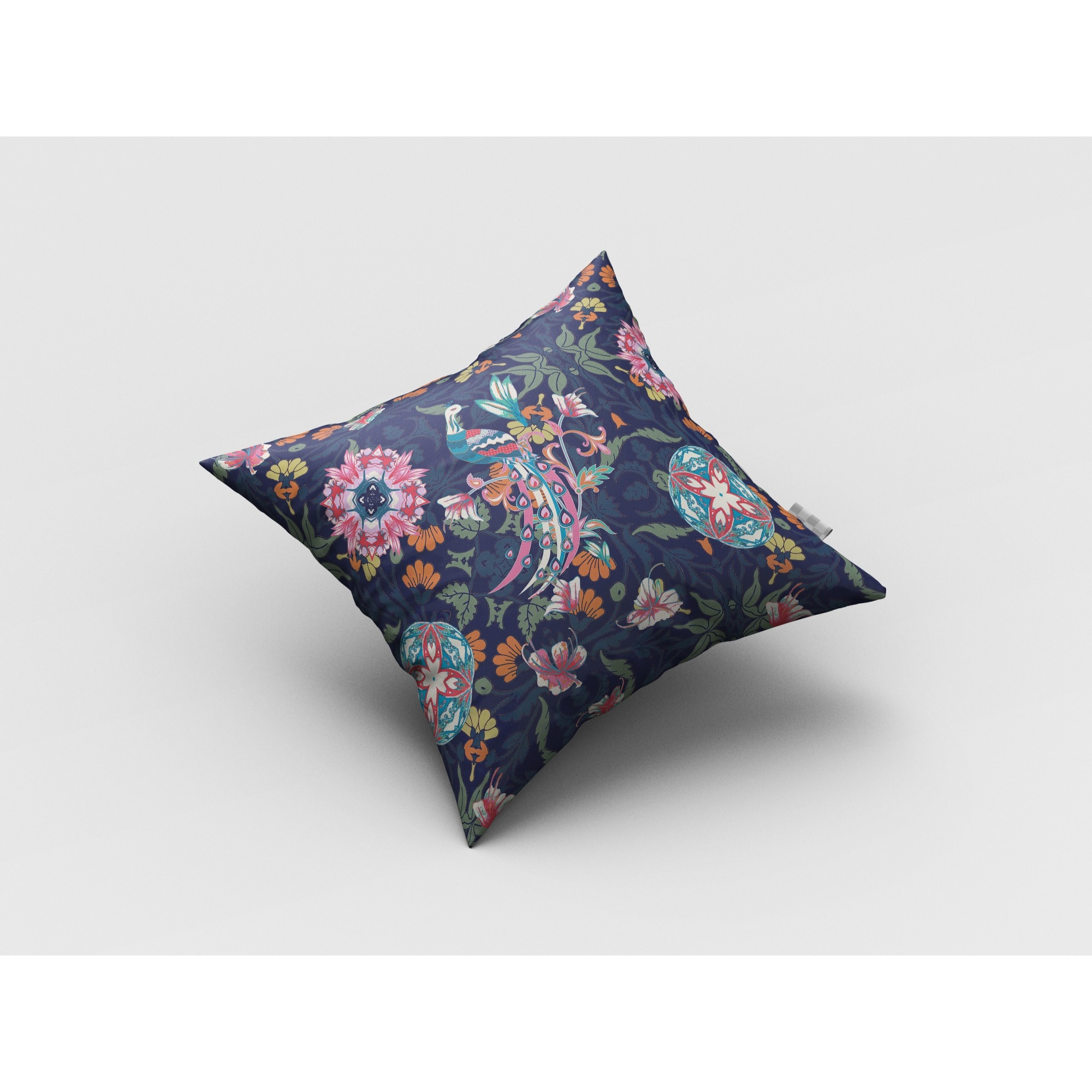Spring Peacock Broadcloth Indoor Outdoor Zippered Pillow Indigo