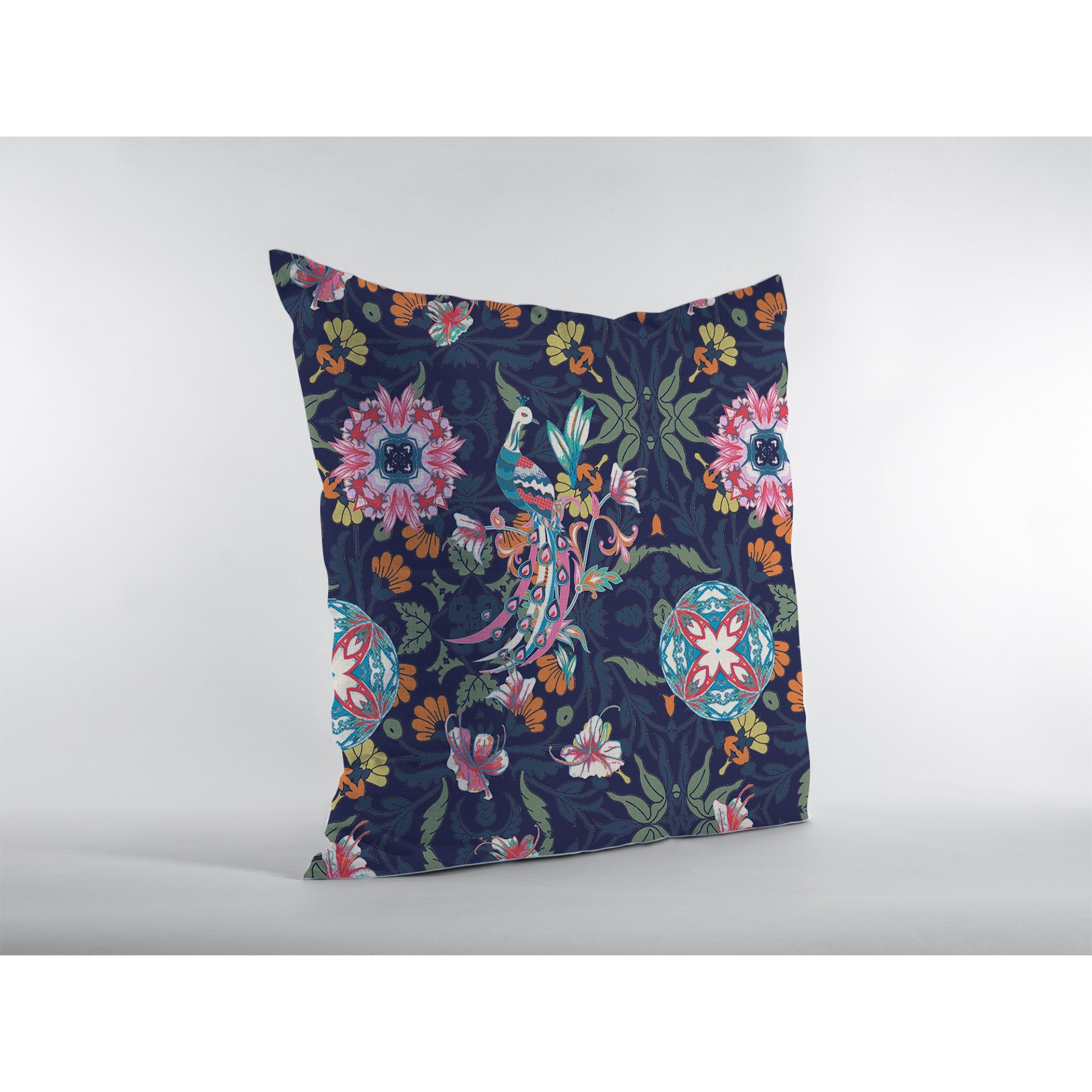 Spring Peacock Broadcloth Indoor Outdoor Zippered Pillow Indigo