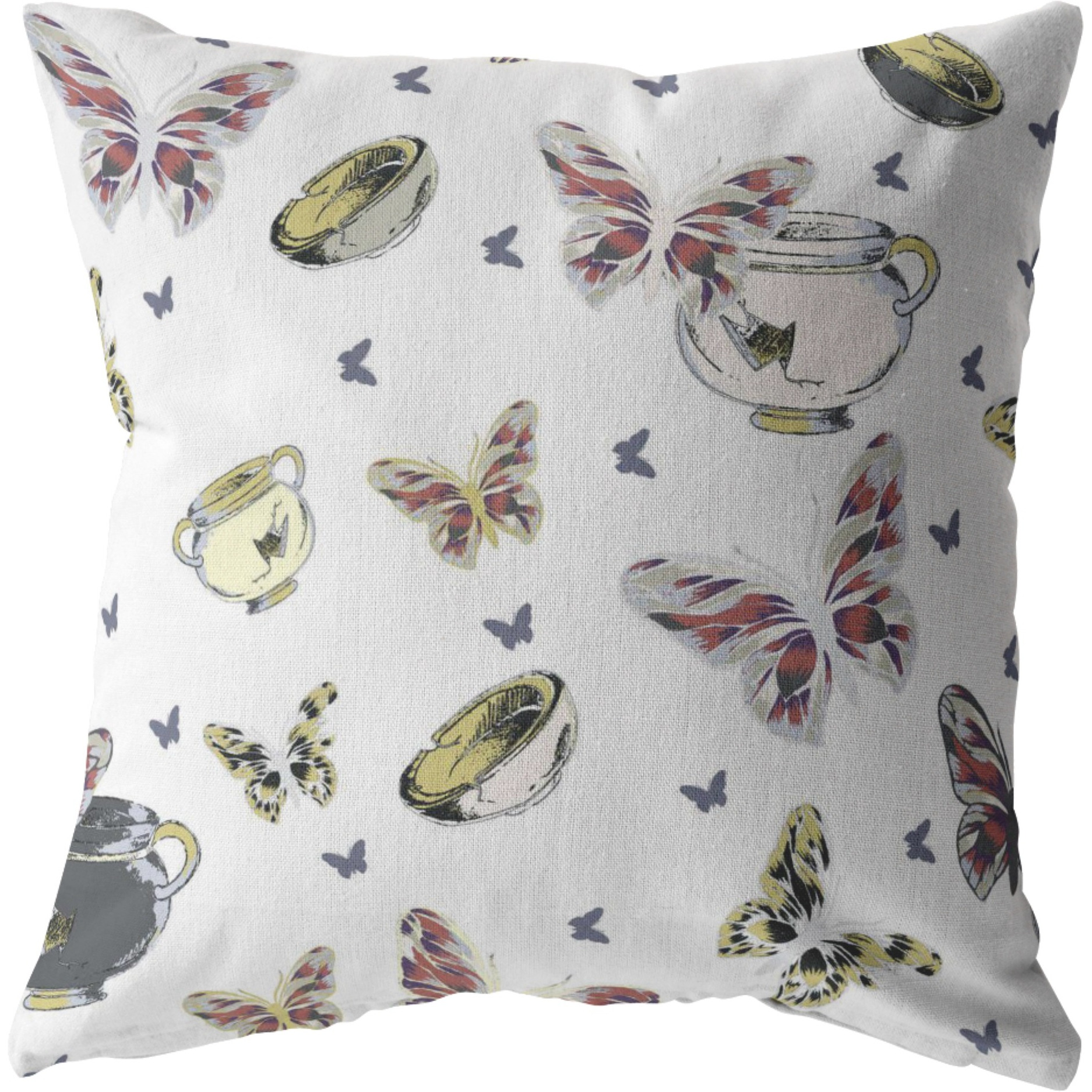 Butterflies and Bowls Broadcloth Indoor Outdoor Zippered Pillow White