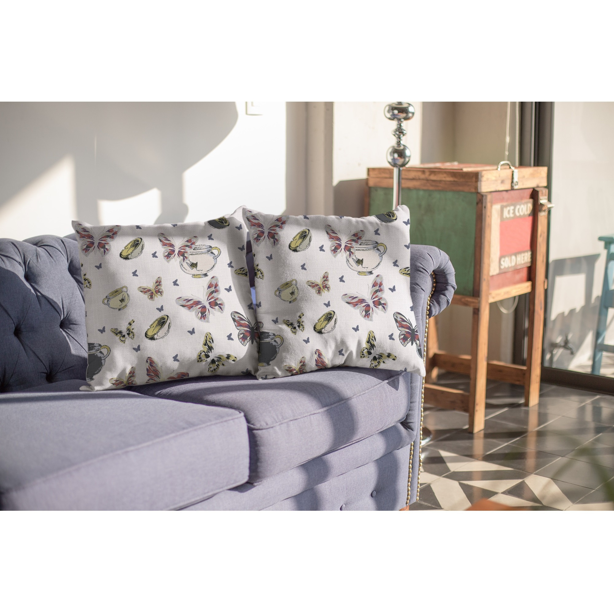 Butterflies and Bowls Broadcloth Indoor Outdoor Zippered Pillow White