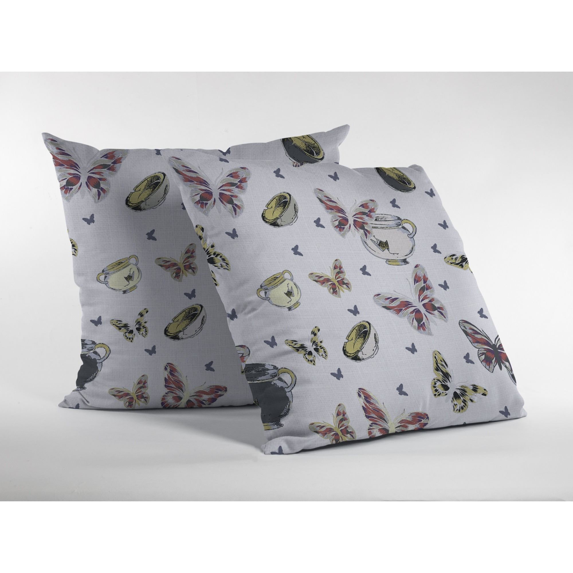 Butterflies and Bowls Broadcloth Indoor Outdoor Zippered Pillow White
