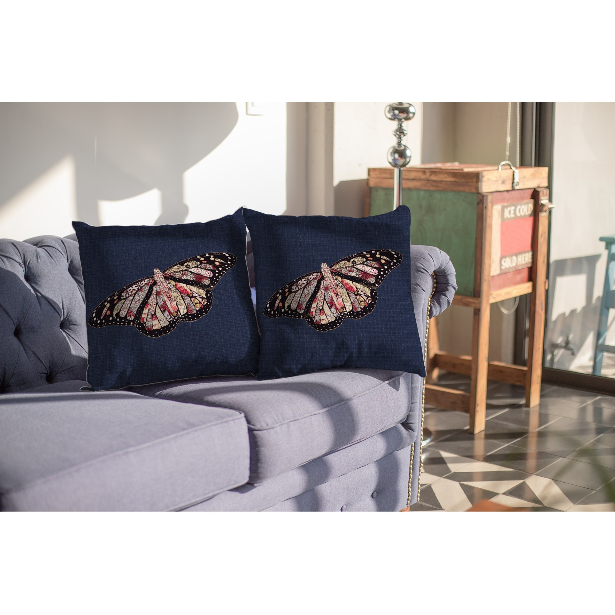 Rustic Butterfly Broadcloth Indoor Outdoor Zippered Pillow Denim