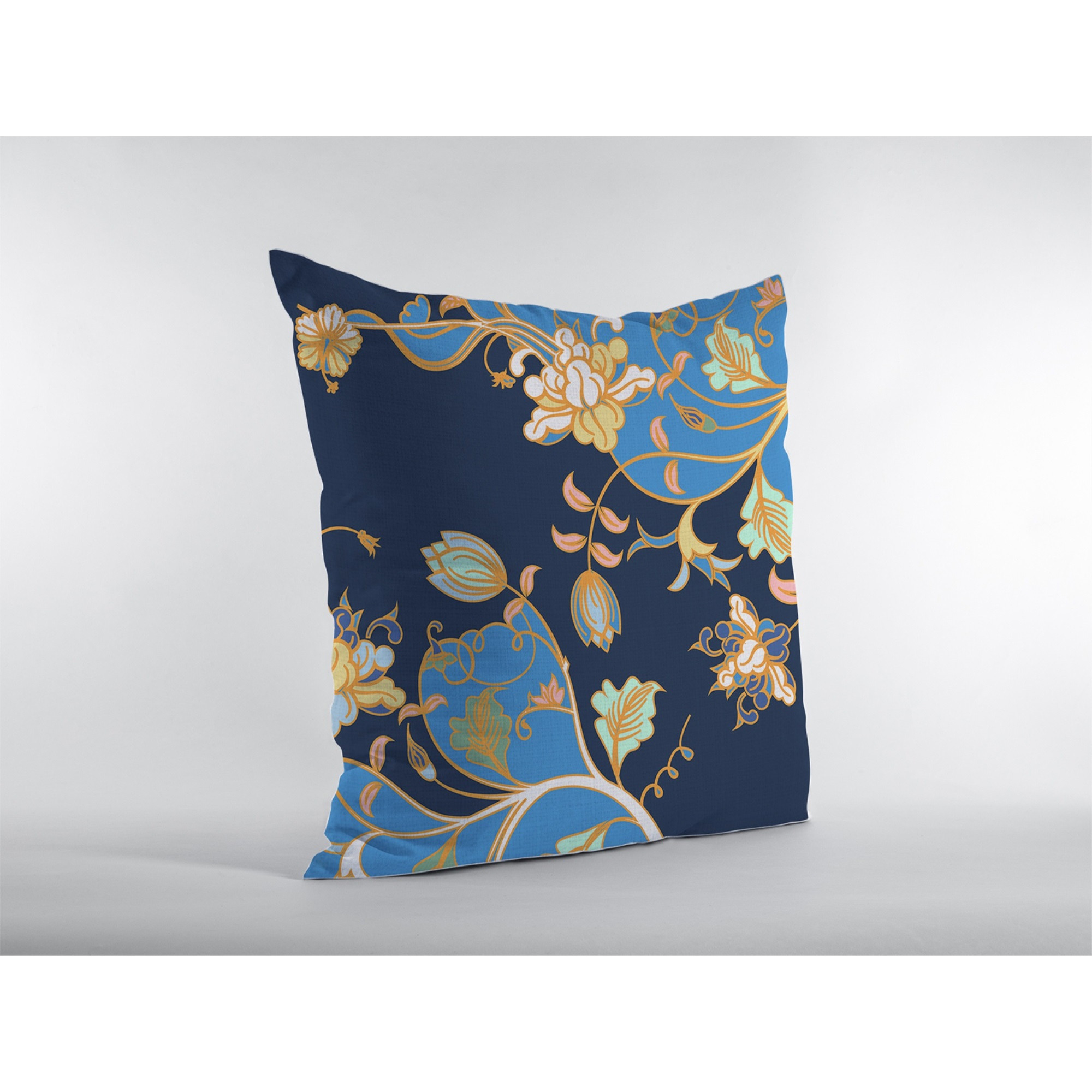Carnation Garden Broadcloth Indoor Outdoor Zippered Pillow Light Blue on Navy