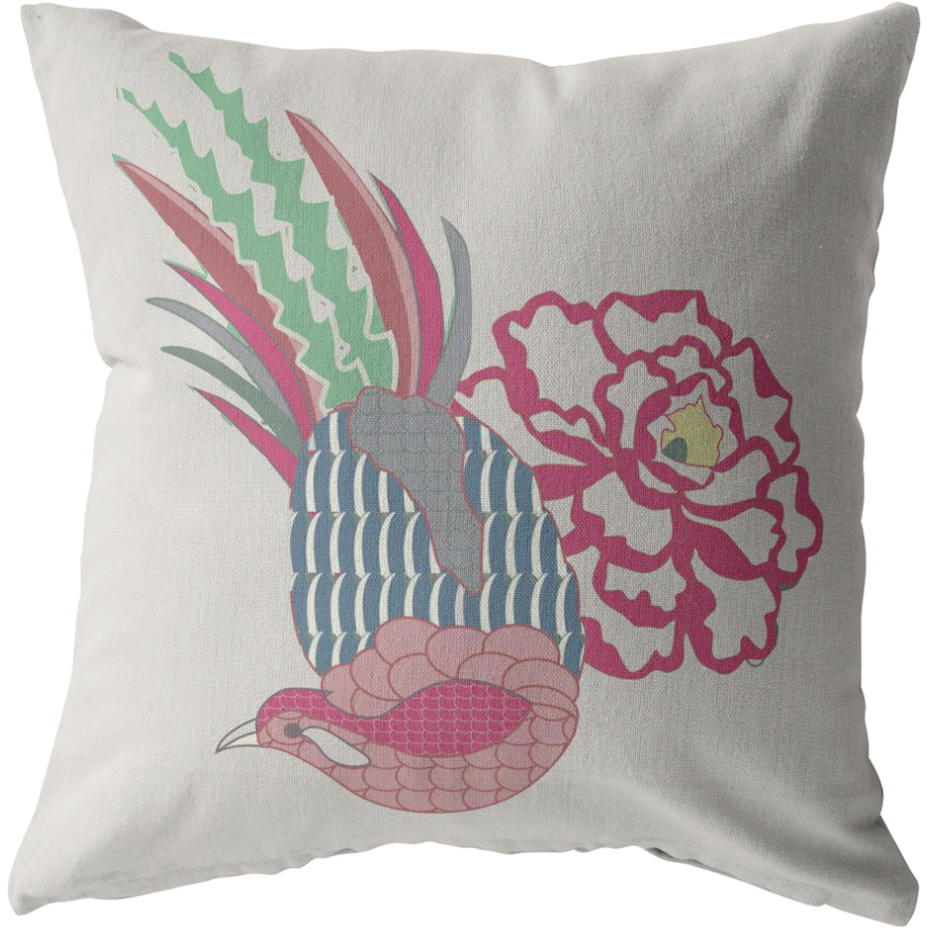 Hiding Peacock Suede Blown and Closed Pillow Pink on White