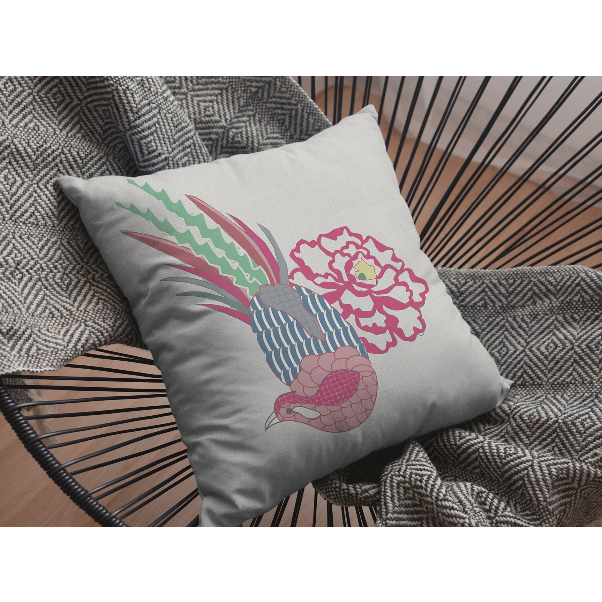 Hiding Peacock Suede Blown and Closed Pillow Pink on White