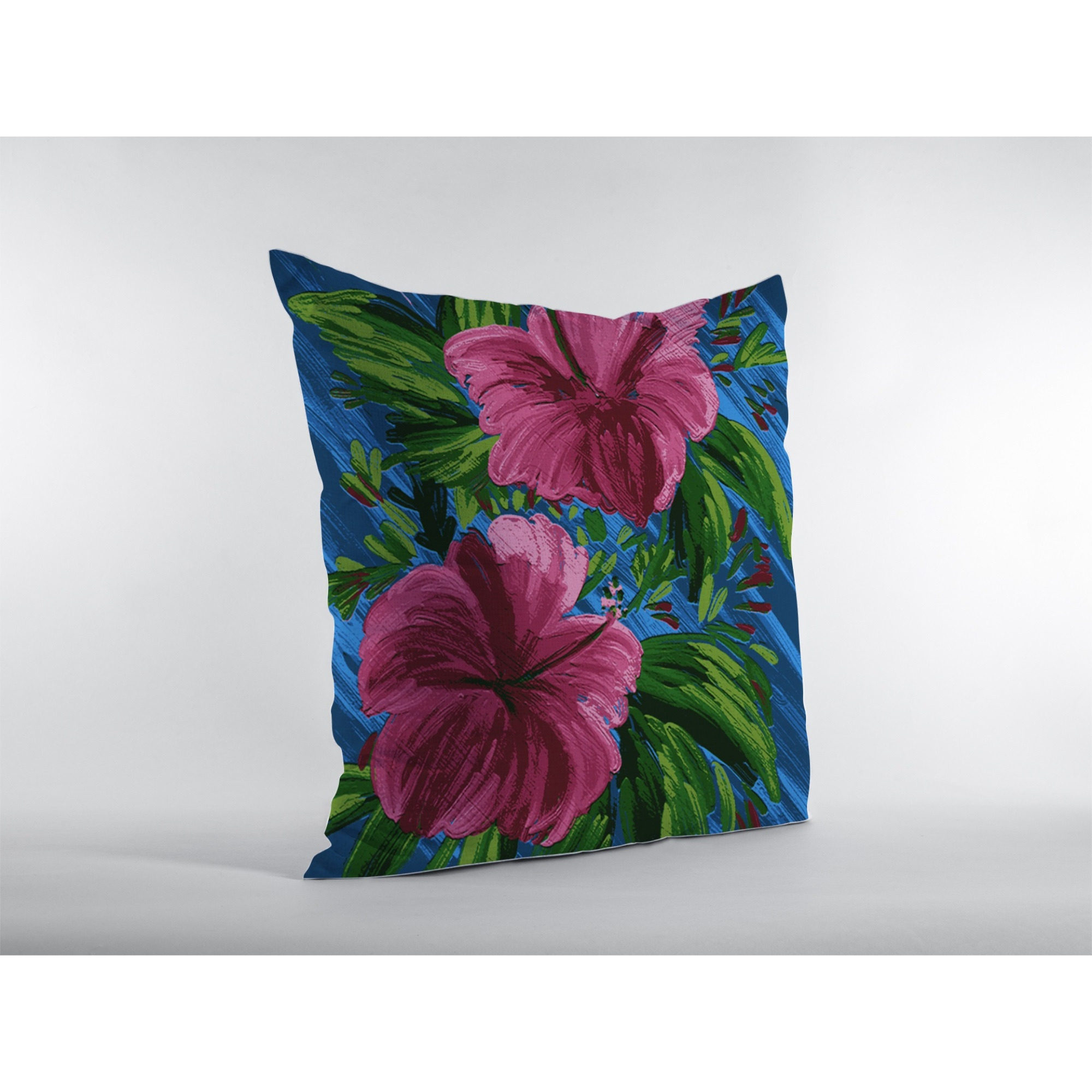 Hawaiian Flowers Suede Blown and Closed Pillow Hot Pink on Blue