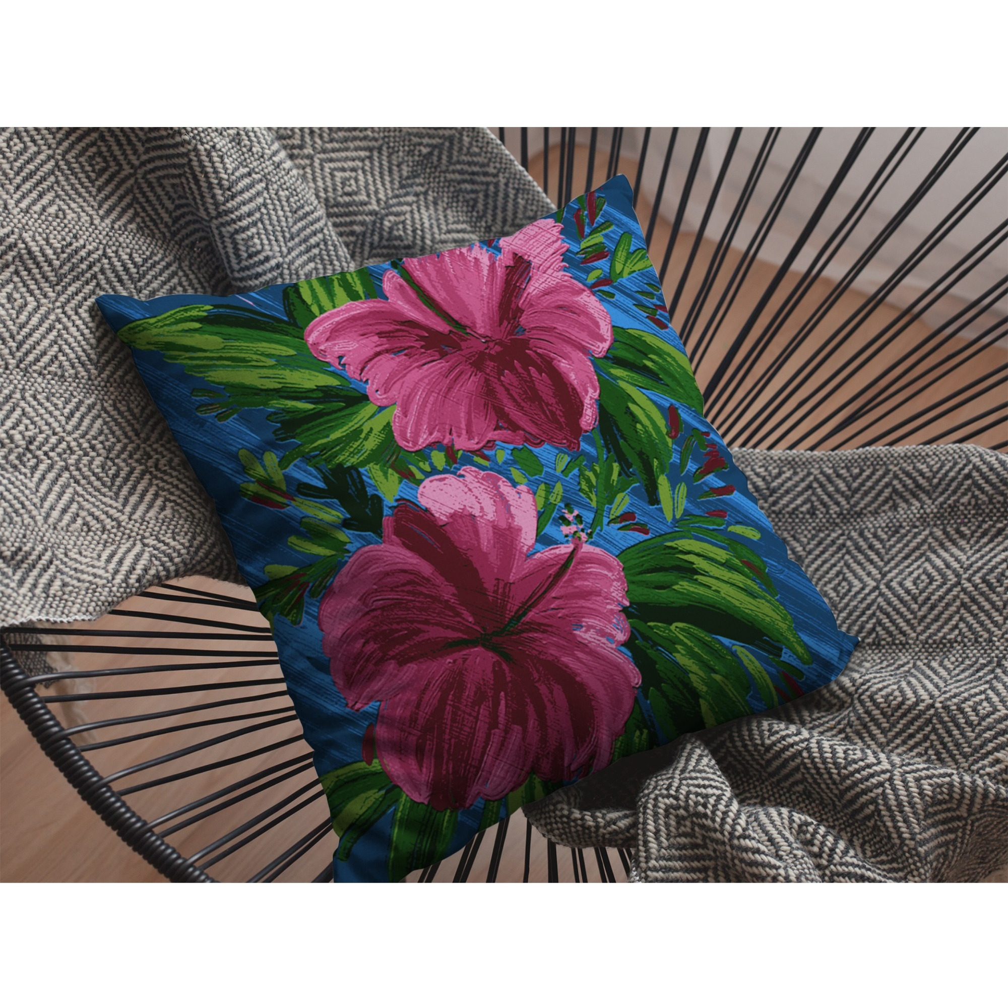 Hawaiian Flowers Suede Blown and Closed Pillow Hot Pink on Blue