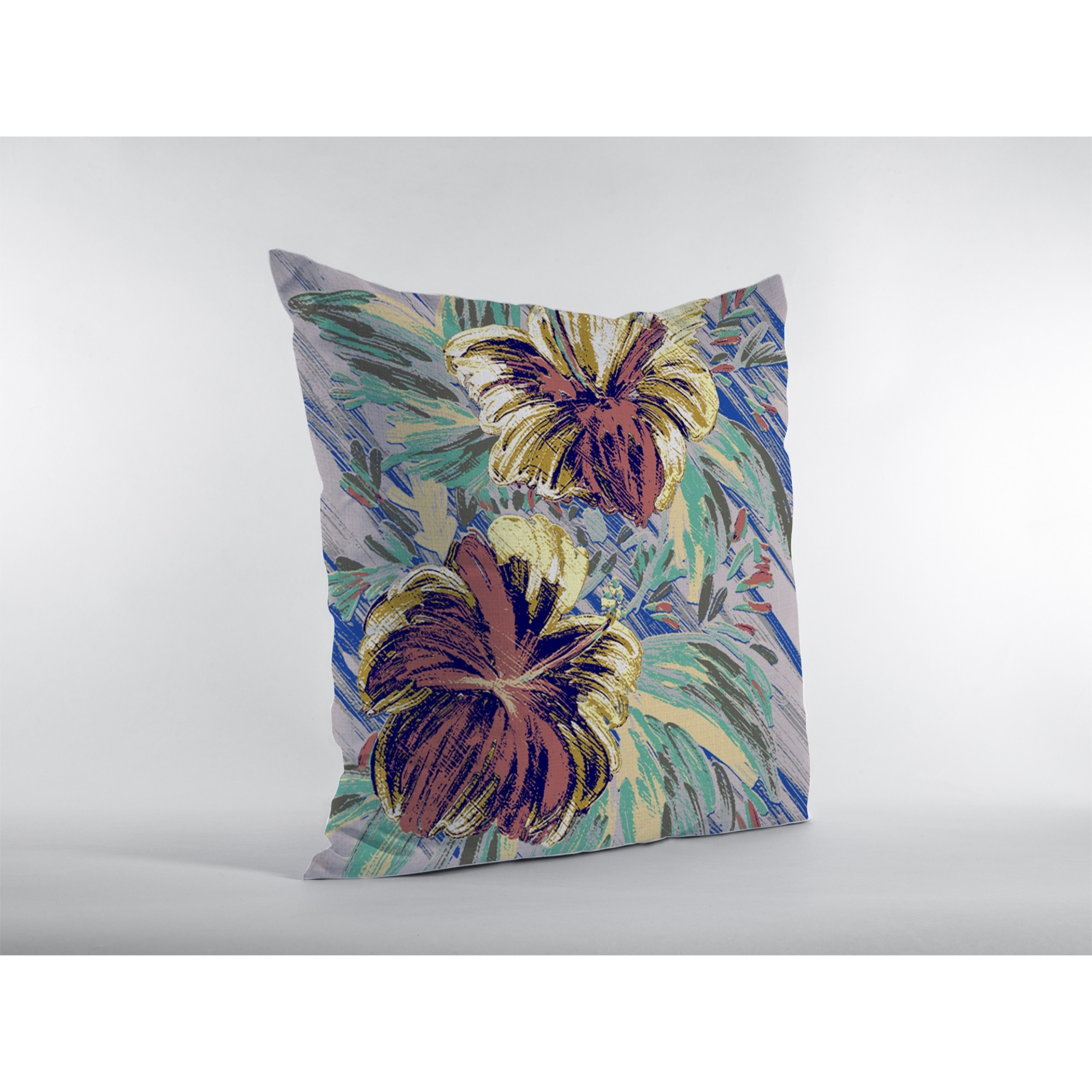 Hawaiian Flowers Suede Blown and Closed Pillow  Orange and Yellow