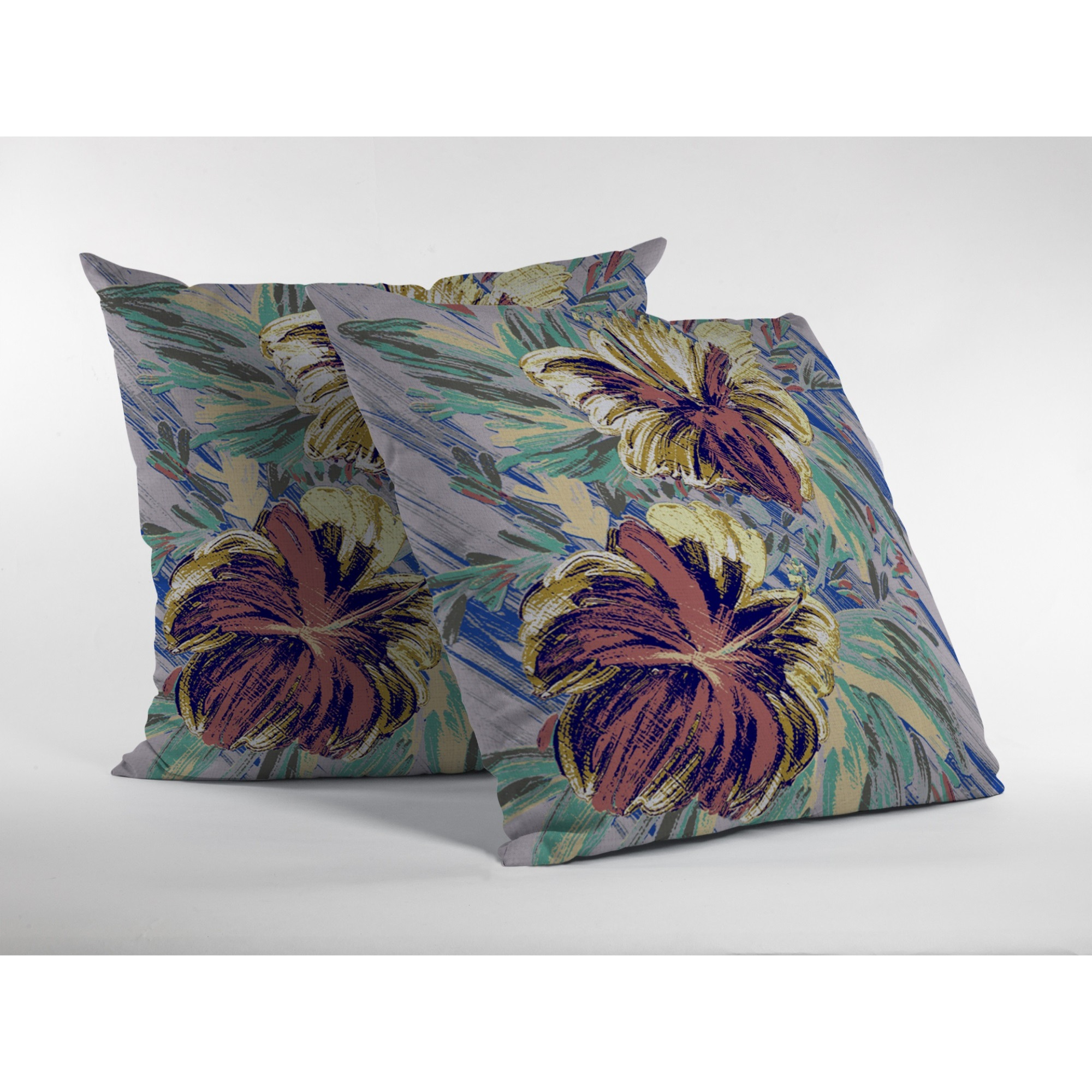 Hawaiian Flowers Suede Blown and Closed Pillow  Orange and Yellow