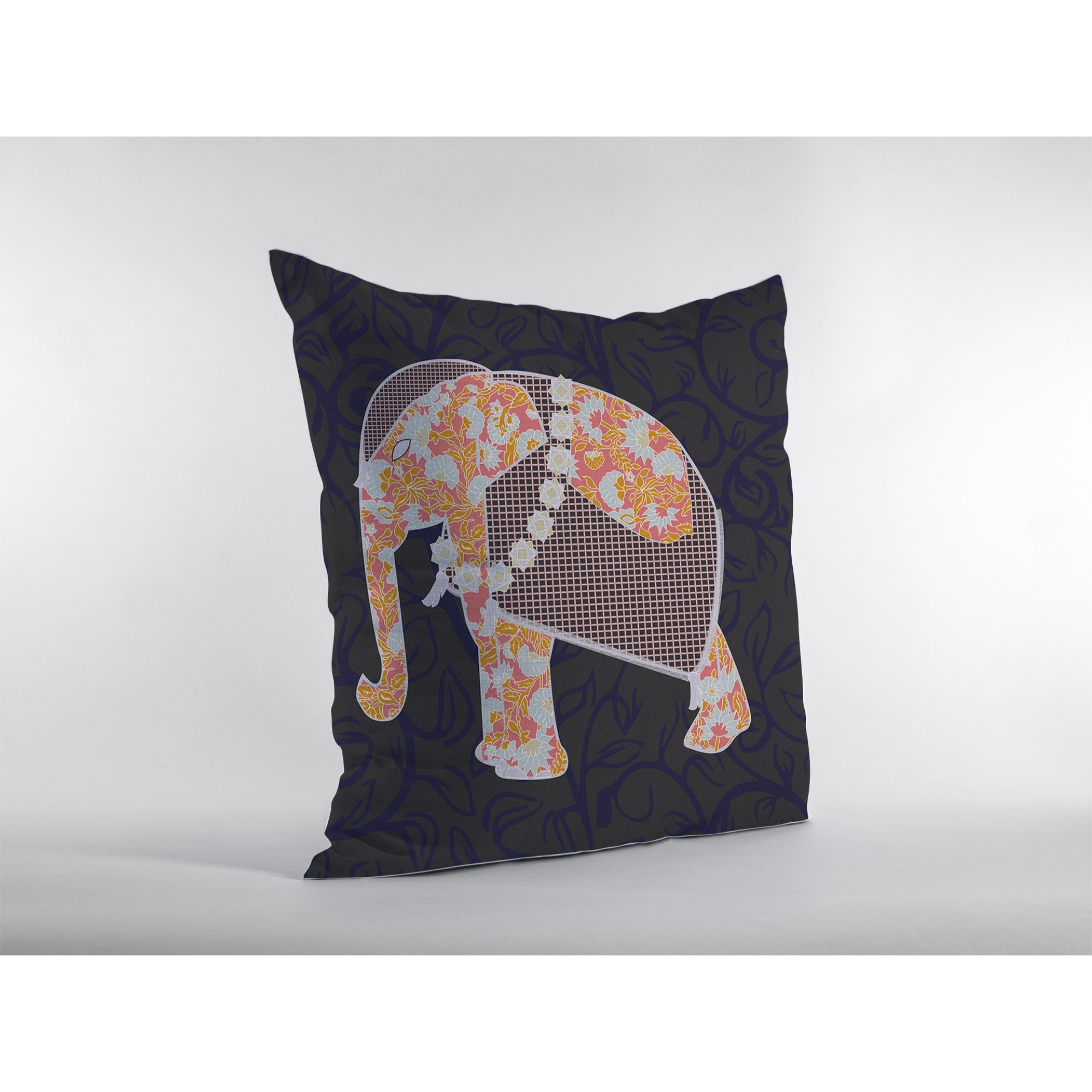 Flower Elephant Suede Blown and Closed Pillow Orange on Green