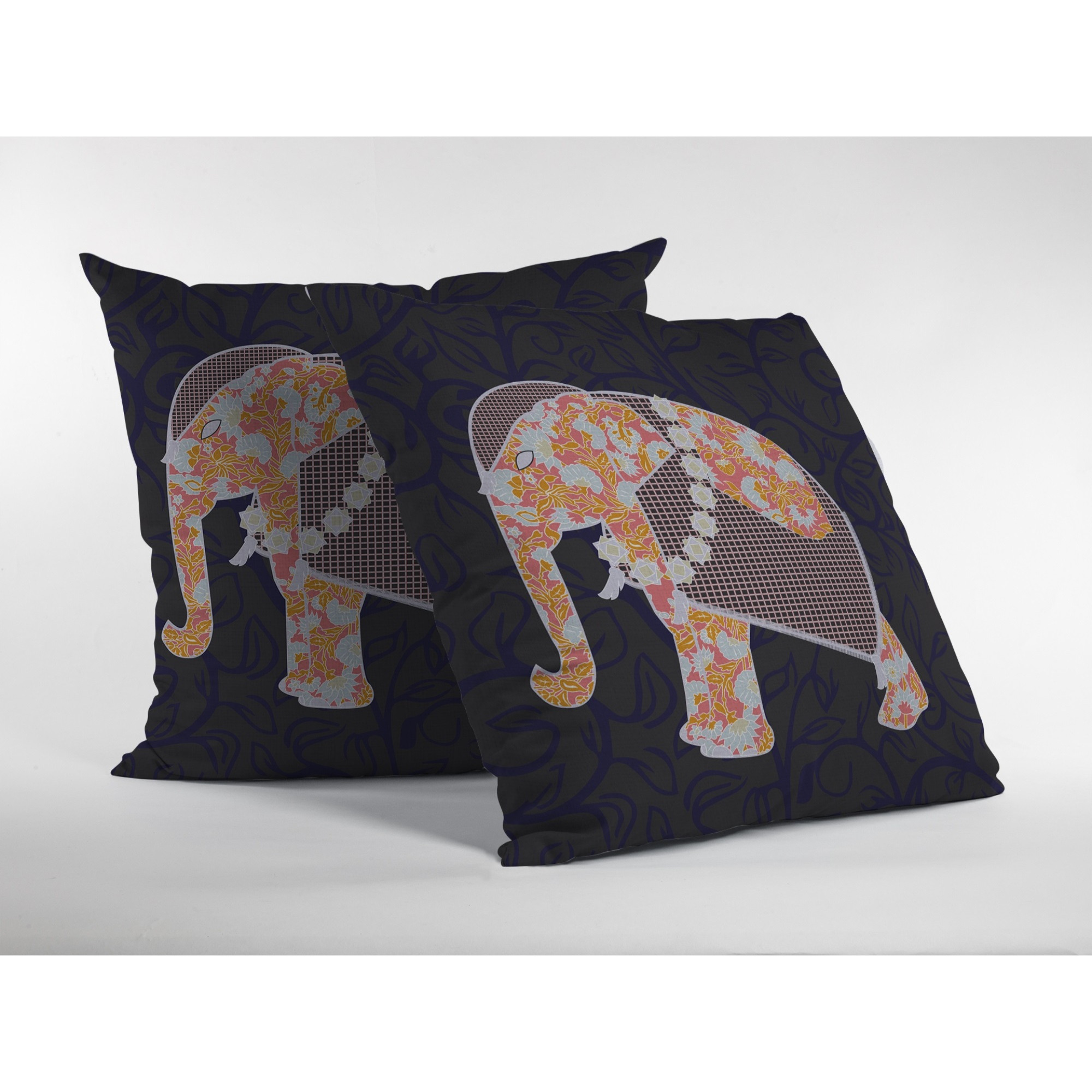 Flower Elephant Suede Blown and Closed Pillow Orange on Green