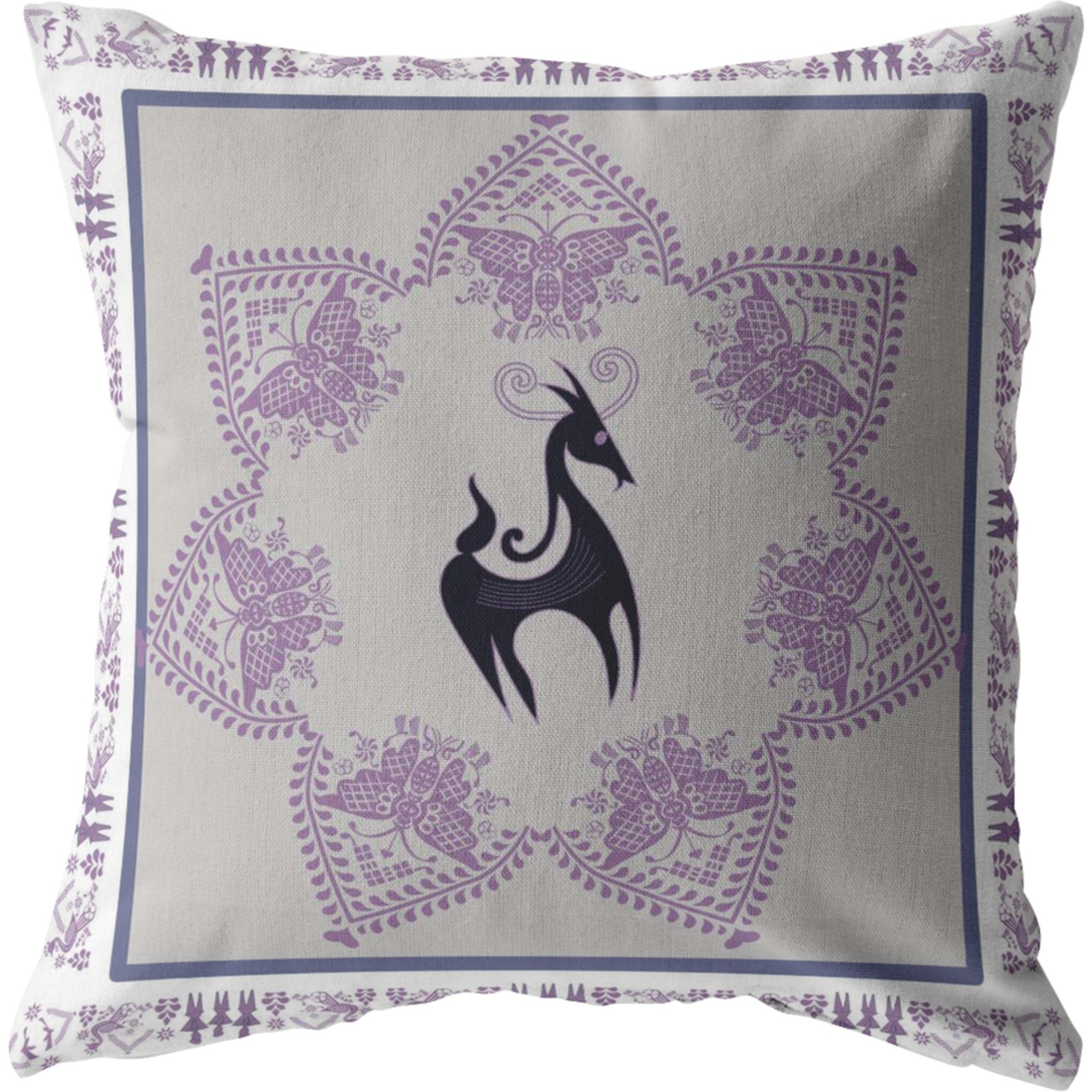 Horse and Butterflies Suede Blown and Closed Pillow Black on Gray