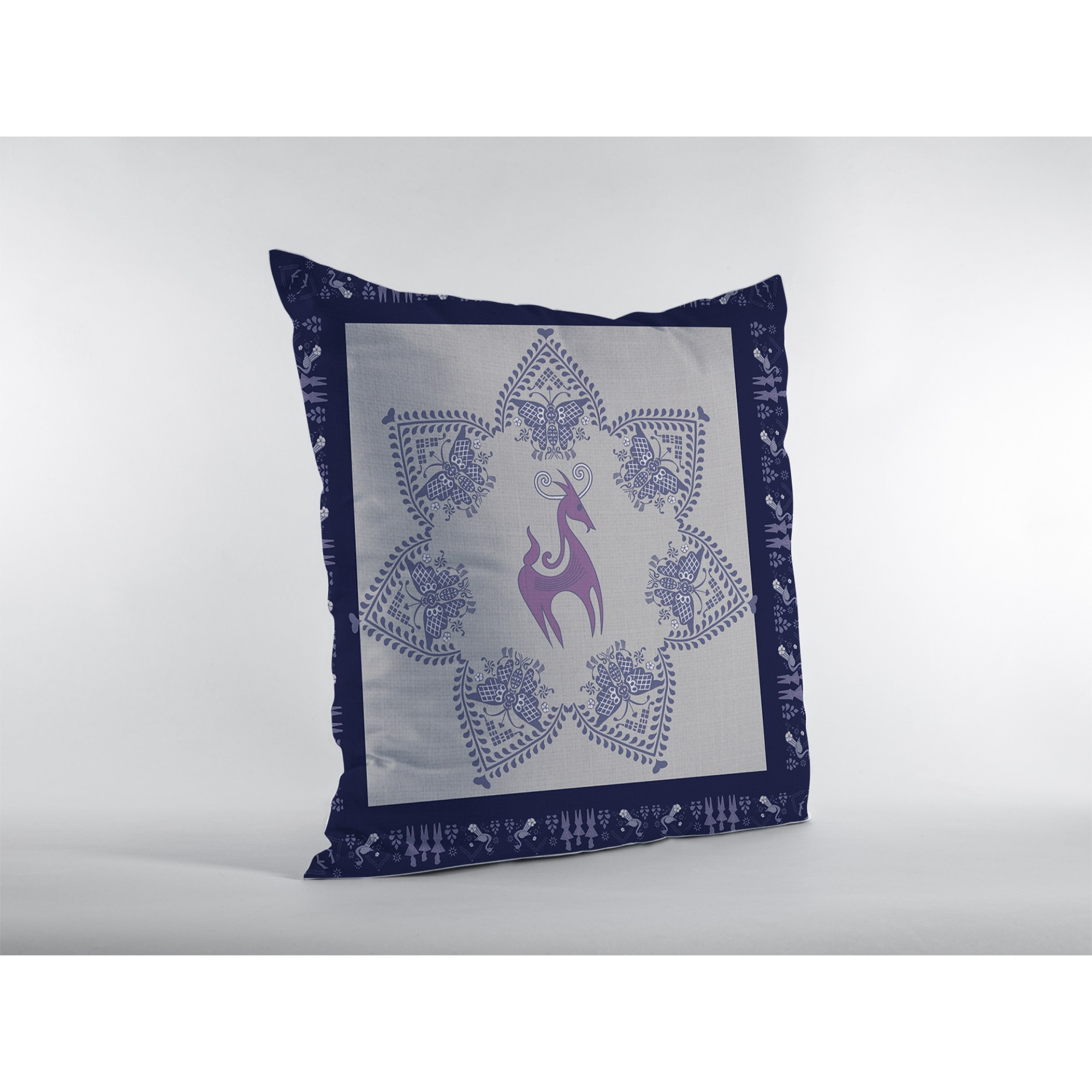 Horse and Butterflies Suede Blown and Closed Pillow  Purple on Indigo