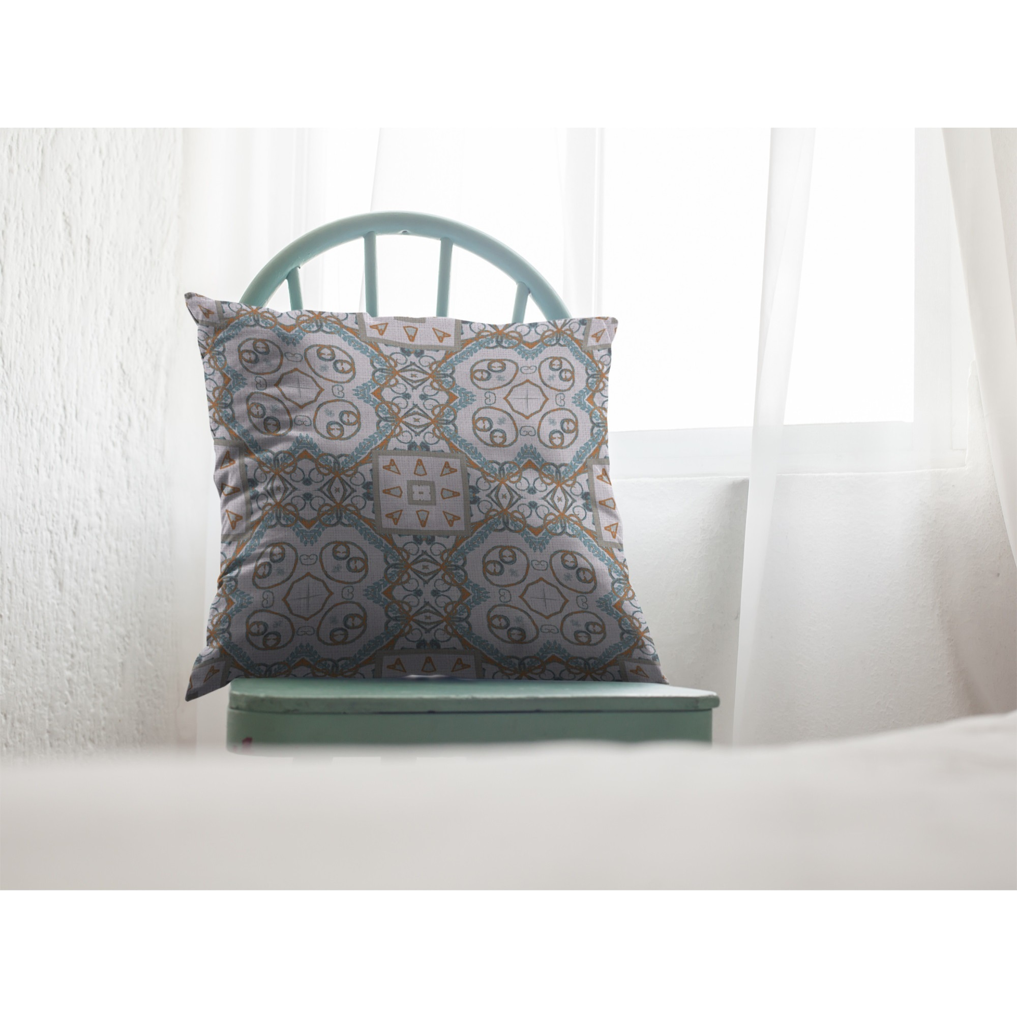 Geo Mandala Suede Blown and Closed Pillow Orange and Light Blue on White