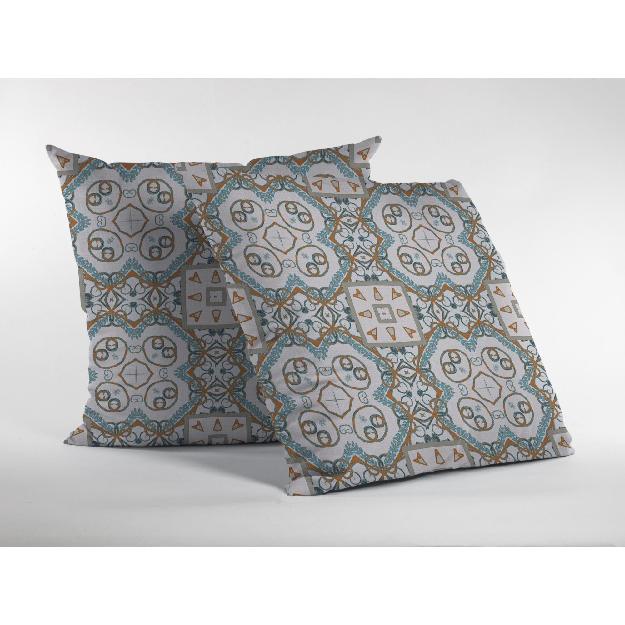 Geo Mandala Suede Blown and Closed Pillow Orange and Light Blue on White