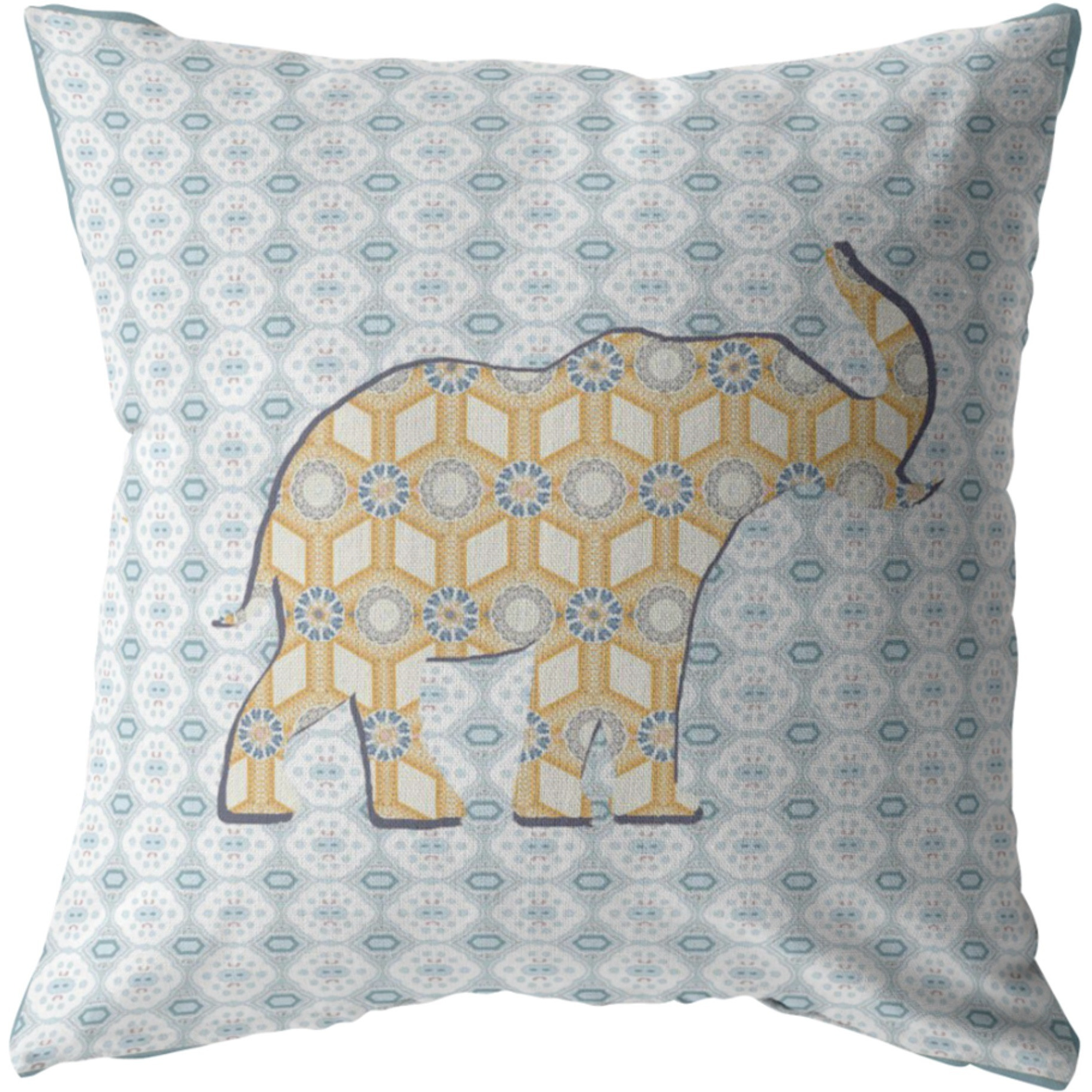 Elephant Silhouette Suede Blown and Closed Pillow Yellow on Light Blue