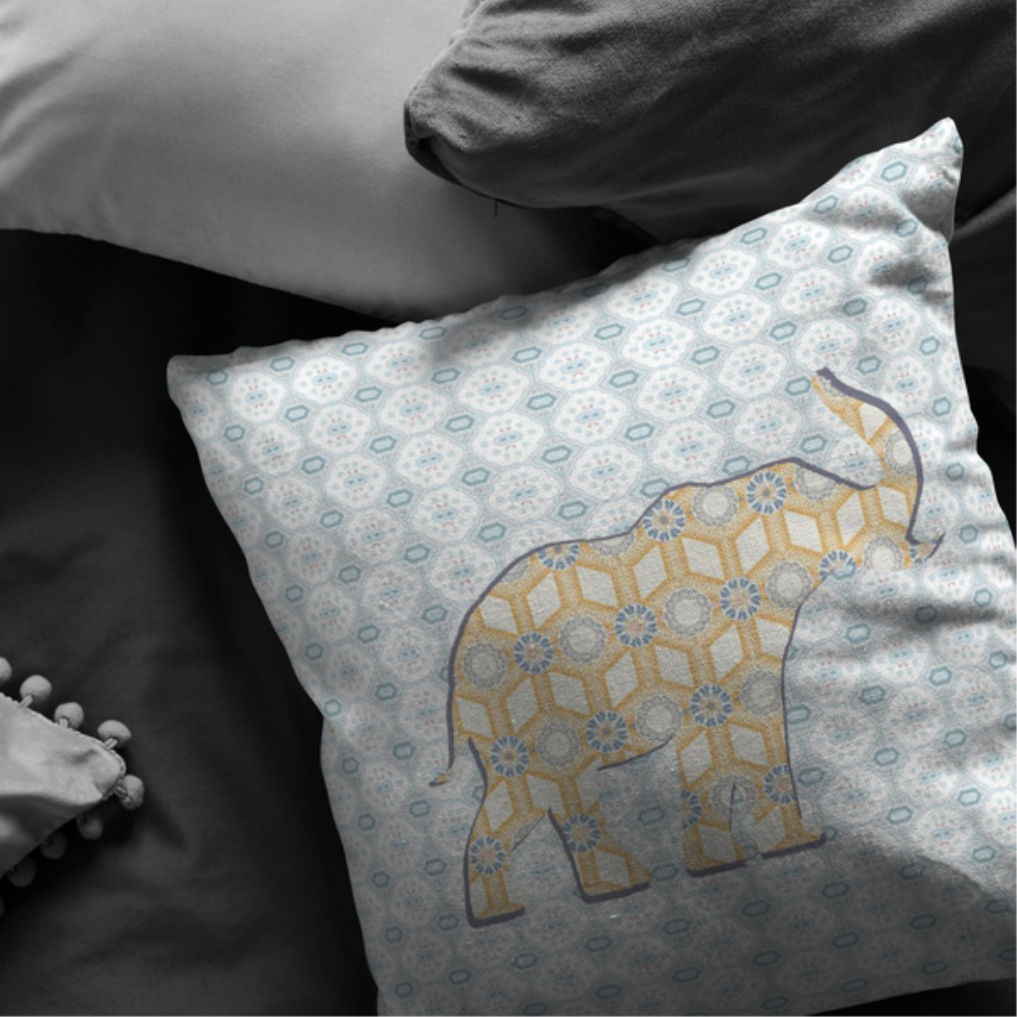 Elephant Silhouette Suede Blown and Closed Pillow Yellow on Light Blue