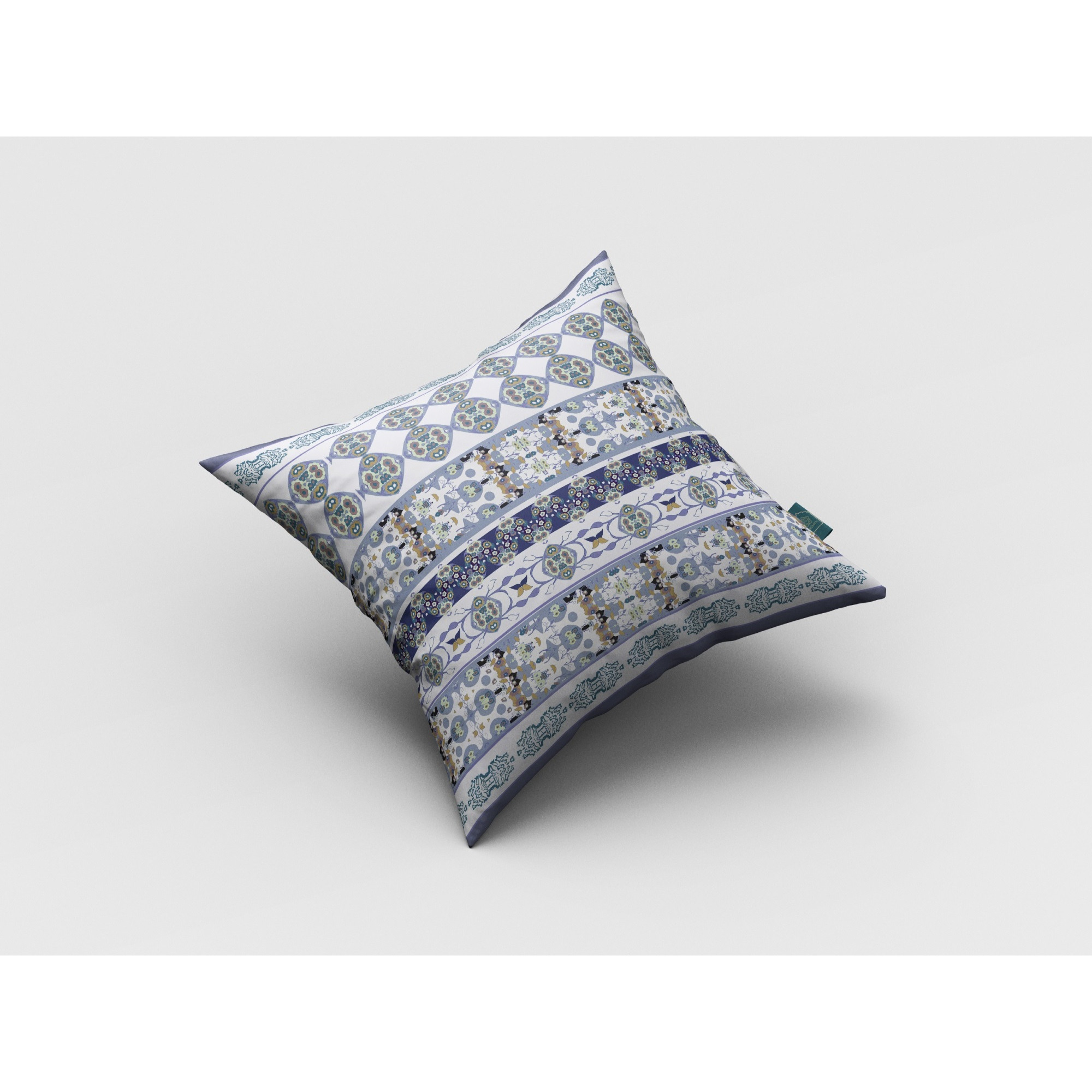 Flower Strips Suede Blown and Closed Pillow Navy and Teal on White