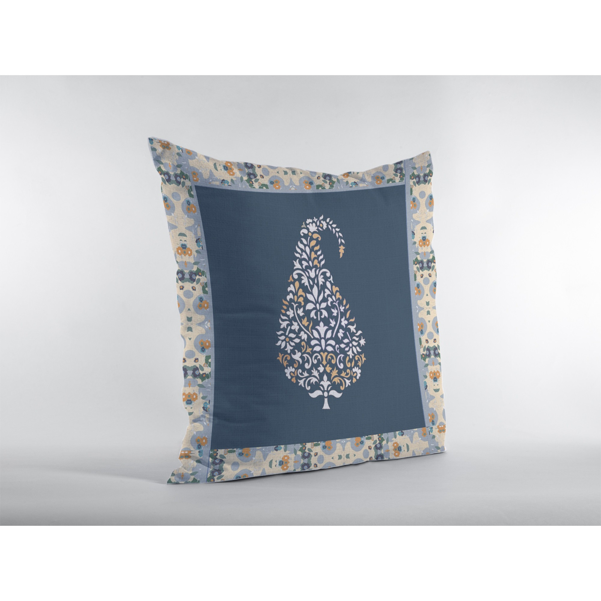 Fall Leaf Suede Blown and Closed Pillow White and Orange on Navy