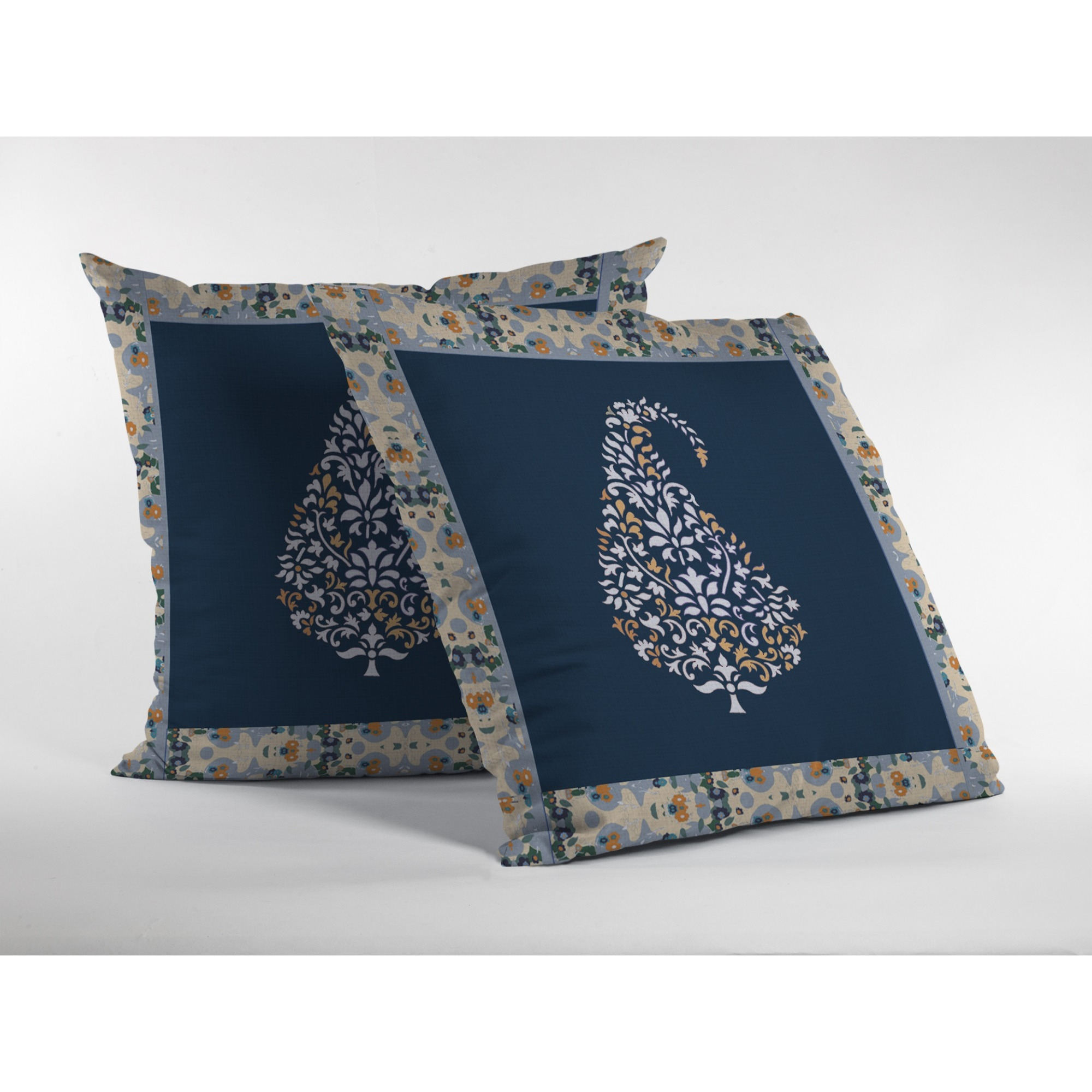 Fall Leaf Suede Blown and Closed Pillow White and Orange on Navy