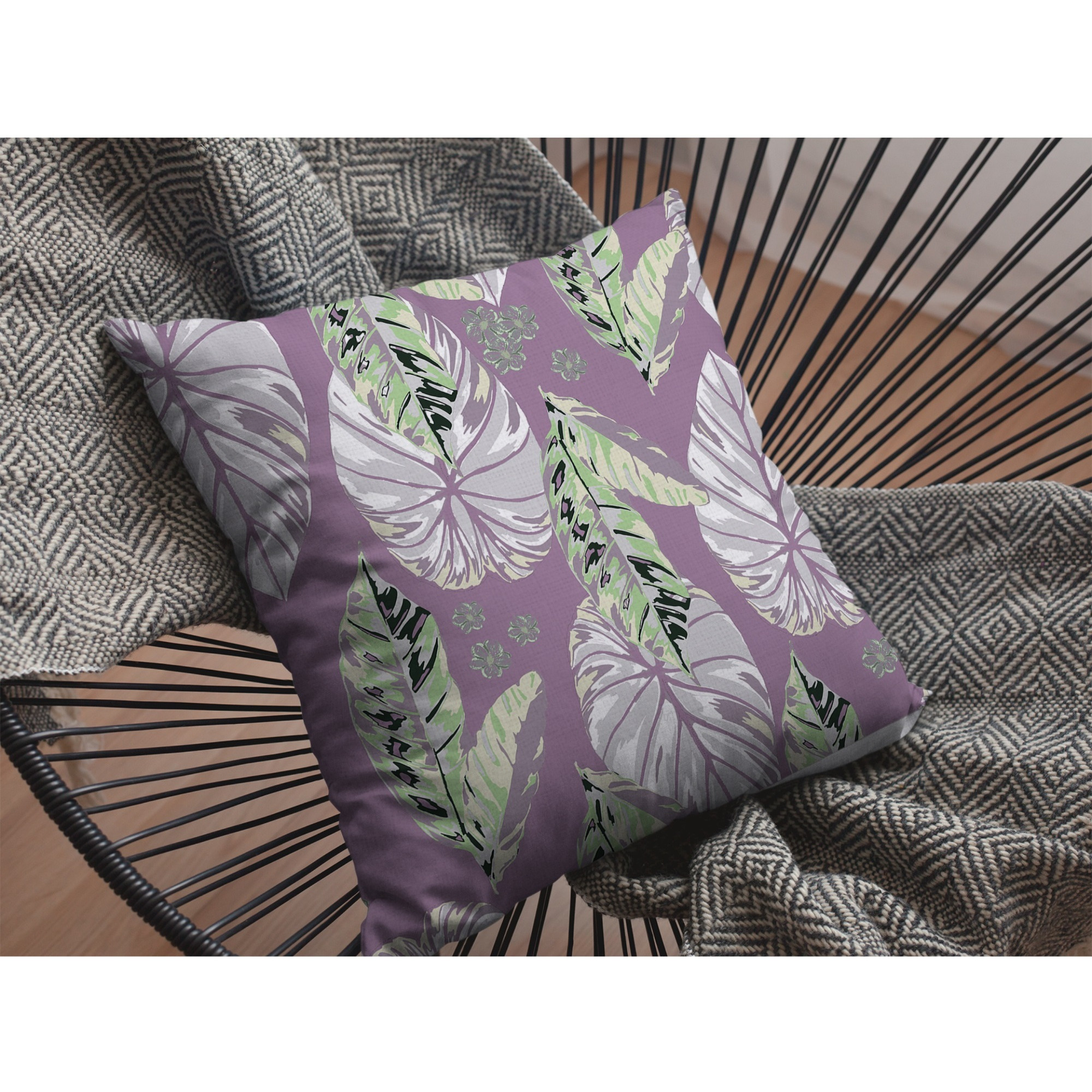Tropics Suede Blown and Closed Pillow Light Green and White on Purple